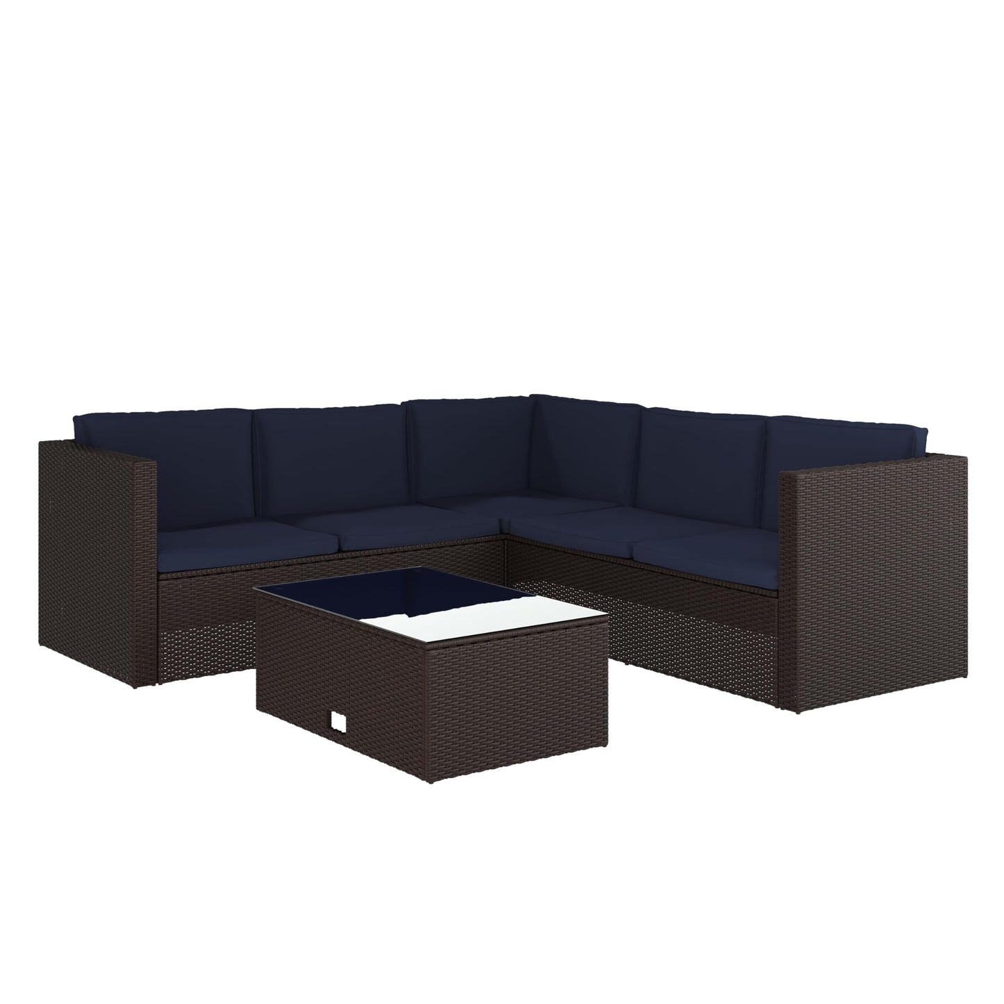 Flash Furniture Roan Patio Seating Set, Wicker PE Rattan Frame, L-Shaped Sectional with Side Lift Coffee Table Storage, Back and Seat Cushions, Brown/Navy