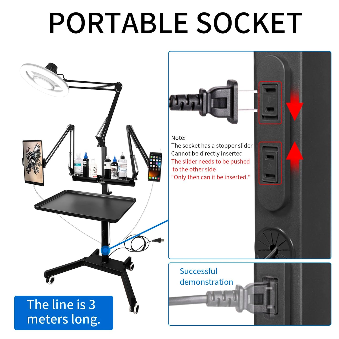 Upgraded multi-functional tattoo workbench, featuring added sockets, ultra-bright LED lights, tattoo tray trolley