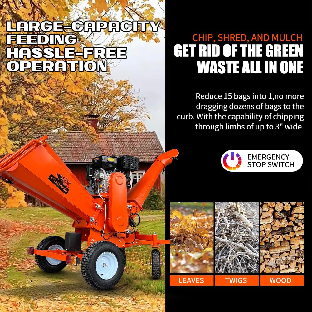 18HP 6 Inch 420cc Gas Powered Wood Chipper Shredder Mulcher, 4-Wheels Towable Wood Chipper Leaf & Branch Shredder with Towbar, Emergency Stop Button, Max Chipping Capacity for Wood Pellets (orange)