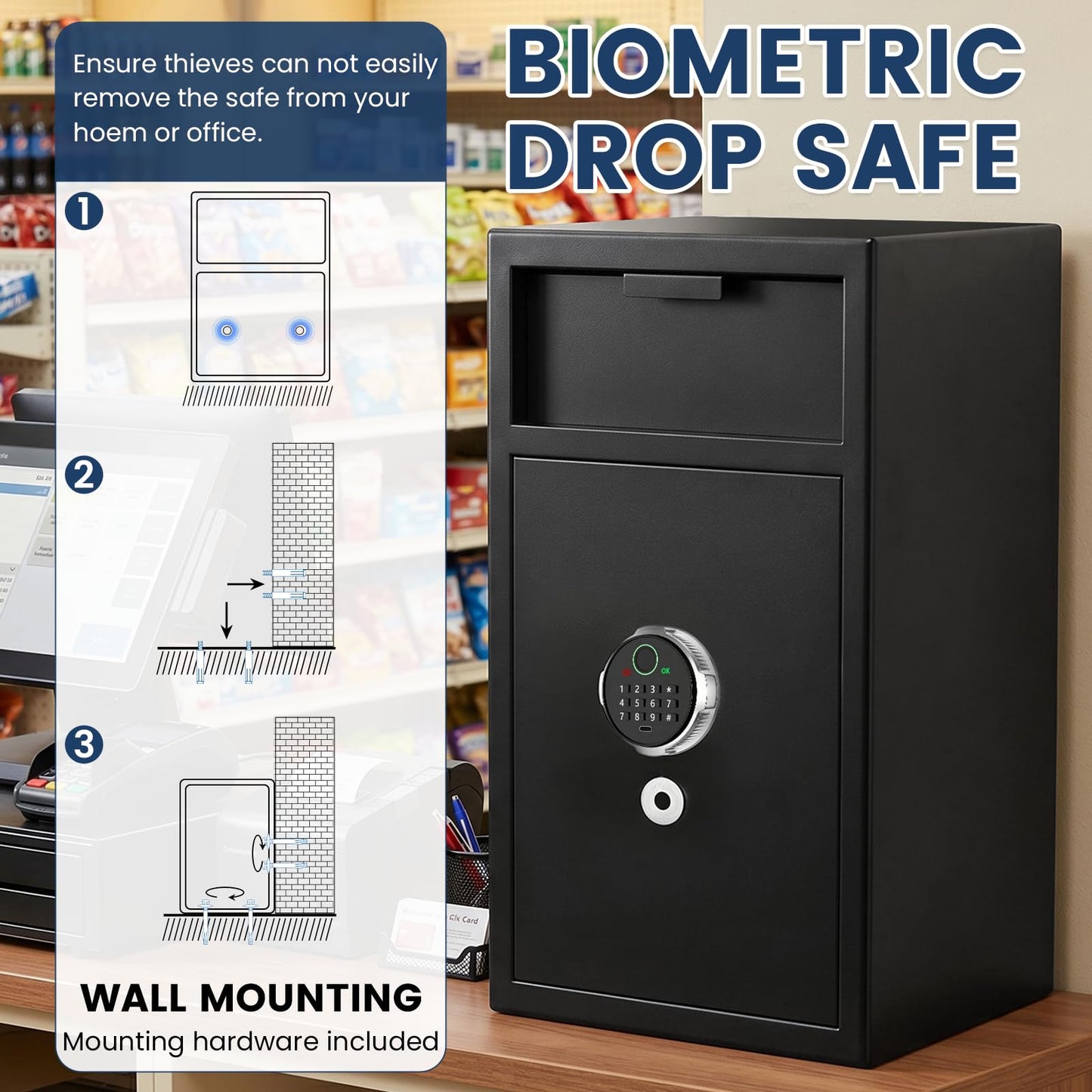 6.0 Cuft Extra Large Biometric Drop Safe for Business, Anti-Theft Fingerprint Safe Box with Quick Place Drop Slot, Digital Keypad and Spare Key, Depository Safe for Home Office Store Mail Church