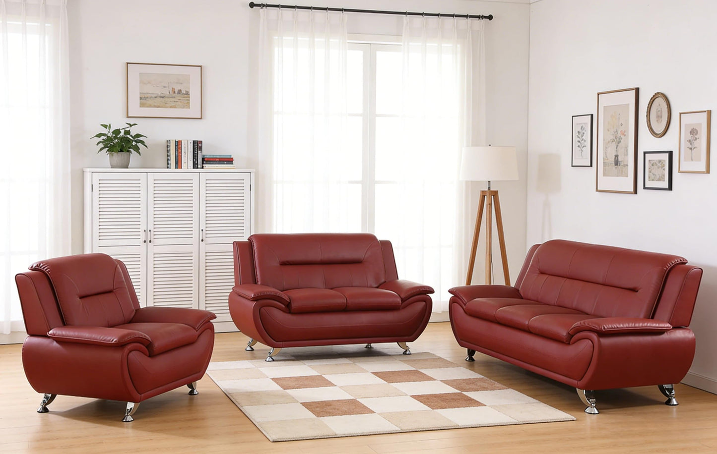 Trygoal 3 Piece Sofa Sets for Living Room, Modern Sectional Couch and Loveseat & Armchair Set, Mid-Century Furniture Sets for Living Room, Apartment, Office, Red
