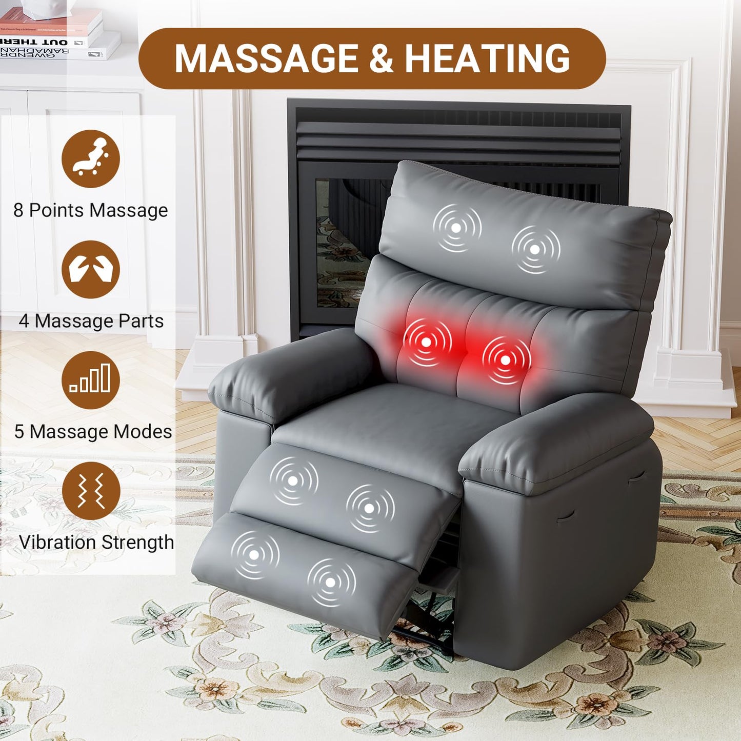 Power Recliner Chair,Rocking Recliner for Adults,Swivel Recliner with Massage,Upholstered Fabric Glider Recliner Nursery Chair,Single Sofa Seat with Side Pockets for Living Room,Grey