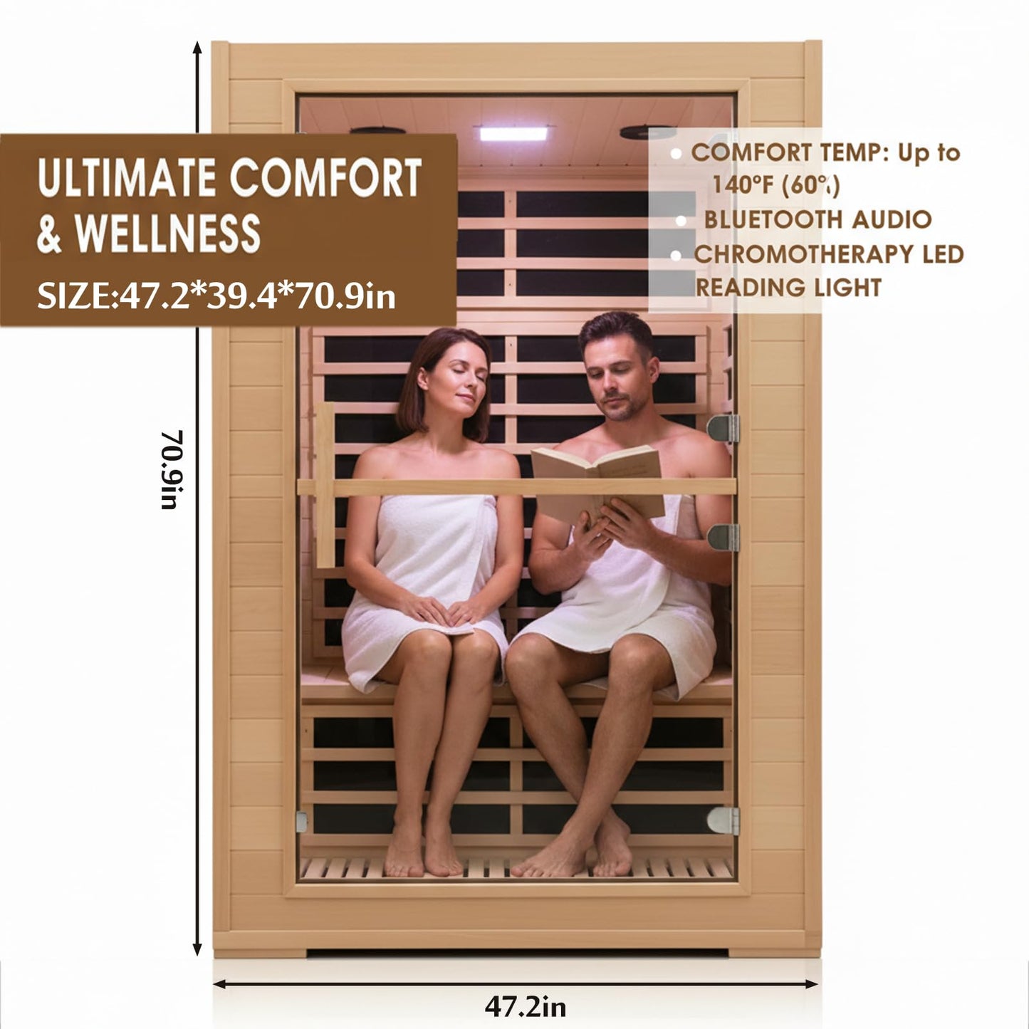 2 Person Far Infrared Sauna, 1800W Low EMF Wooden Infrared Sauna Room for Home, 8 Heating Panels Therapy Sauna with Hemlock Wood, Indoor Sauna Spa for Relaxation, Muscle Relief (Double Person Sauna)
