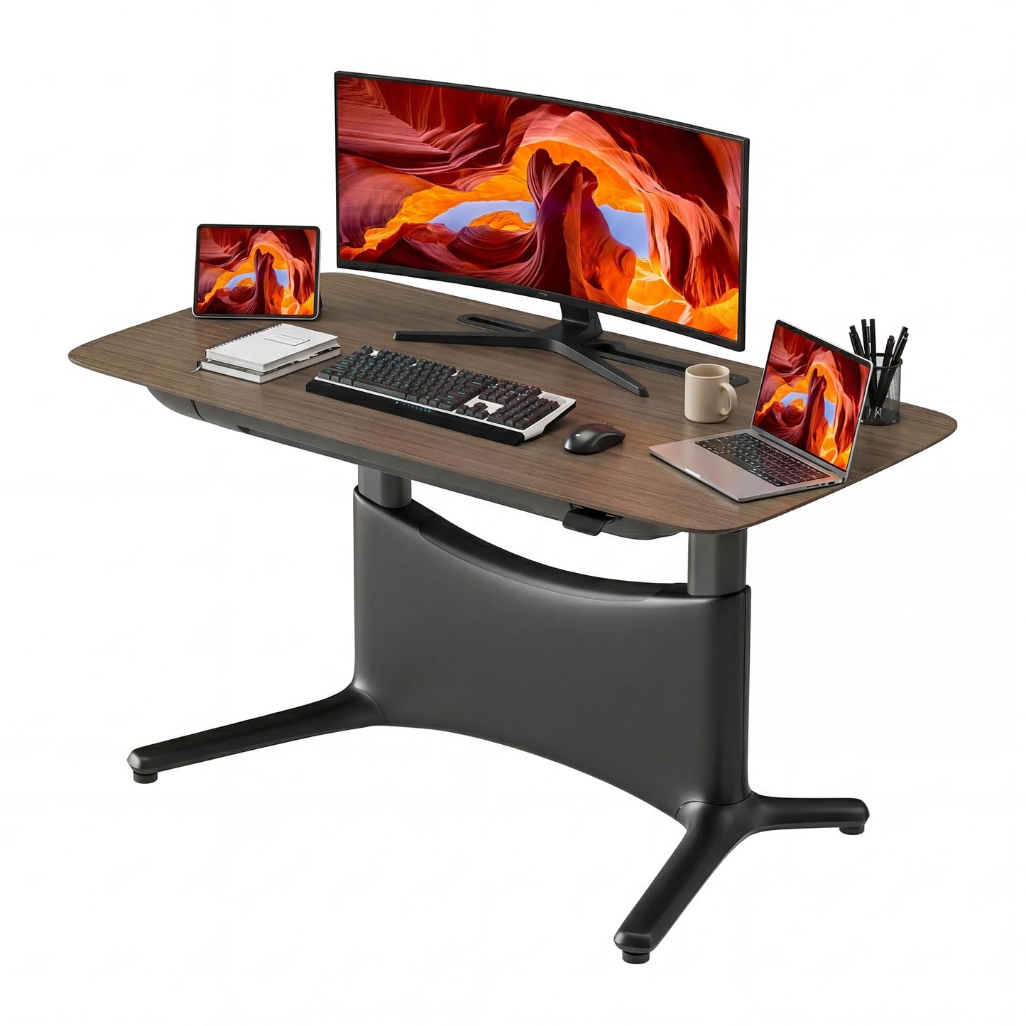 COLAMY Electric Standing Desk 55x28, Desktop Wobble-Free Dual Motor Sit Stand Up Desk with Drawers, Outlets & Footrest, Adjustable Height Computer Table for Home Office Workstation, Walnut Black