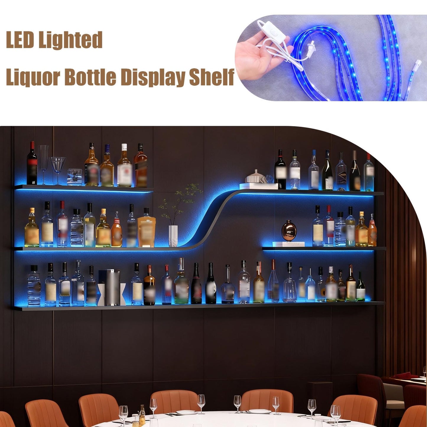 YTALUTTNIE 47in Wall Mounted Wine Rack with LED Lights, Modern Curved Design Floating Bar Shelves, Large Hanging Liquor Display Storage Organizer for Home Bar Coffee Shop Kitchen (Black, 120cm)