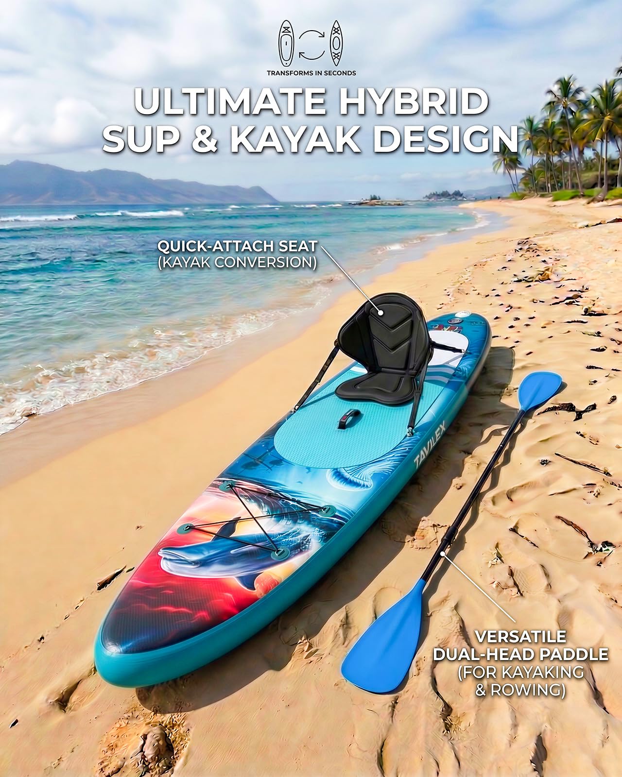 Tavilex Inflatable Stand Up Paddle Board with Seat, 11' x 33" x 6" Ultra-Wide 2-in-1 SUP Board for Adults & Youth, Stable Blow Up Paddleboard Kit with Dual-Blade Paddle (Ocean Dolphin)