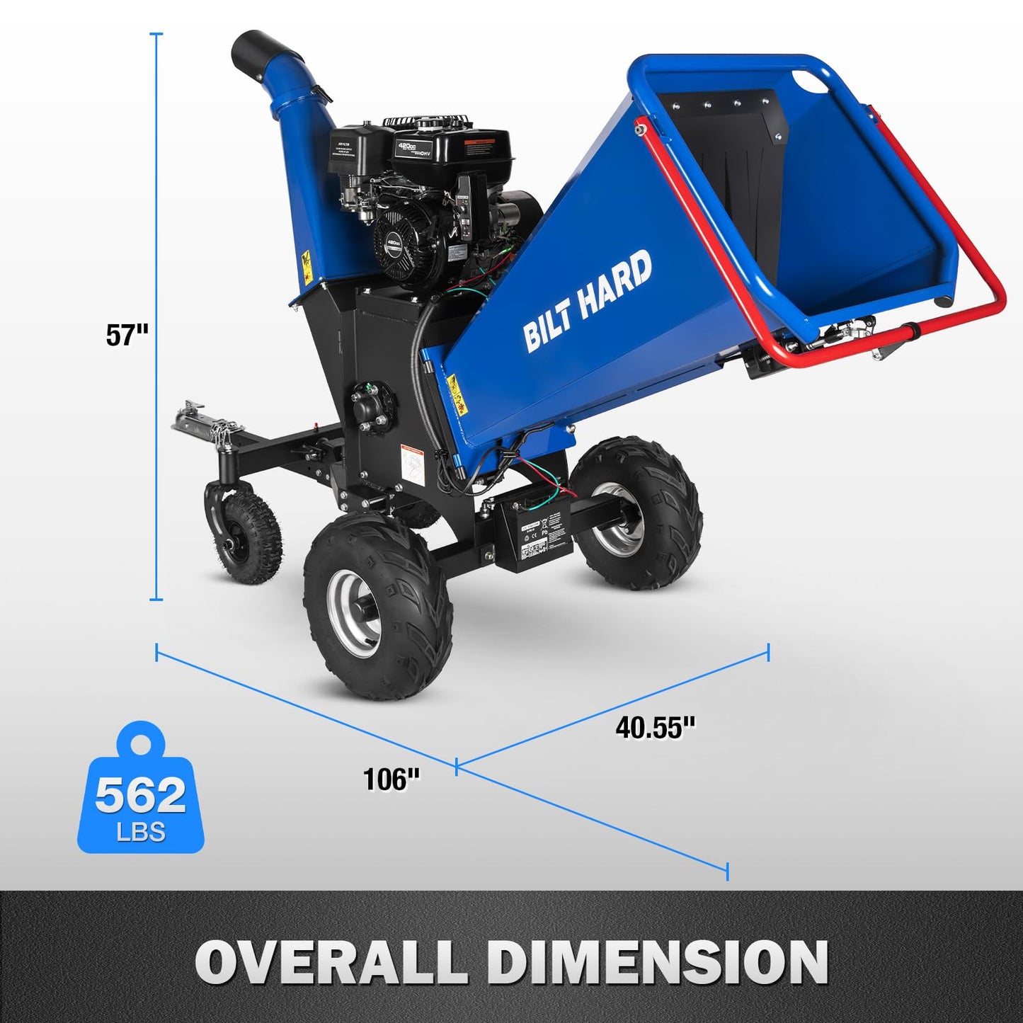 BILT HARD 6 Inch 420cc 15HP E-Start Gas Powered Drum Wood Chipper, 4-Wheels Towable Leaf Branch Shredder Mulcher with Tow Bar, Emergency Stop Bar