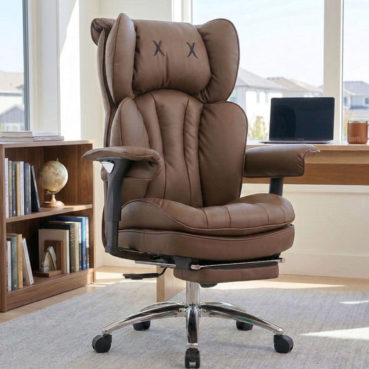 Efomao Big & Tall Executive Office Chair with Footrest - 400lbs Heavy Duty High Back PU Leather Desk Chair, Modern Ergonomic Reclining Computer Chair, Brown