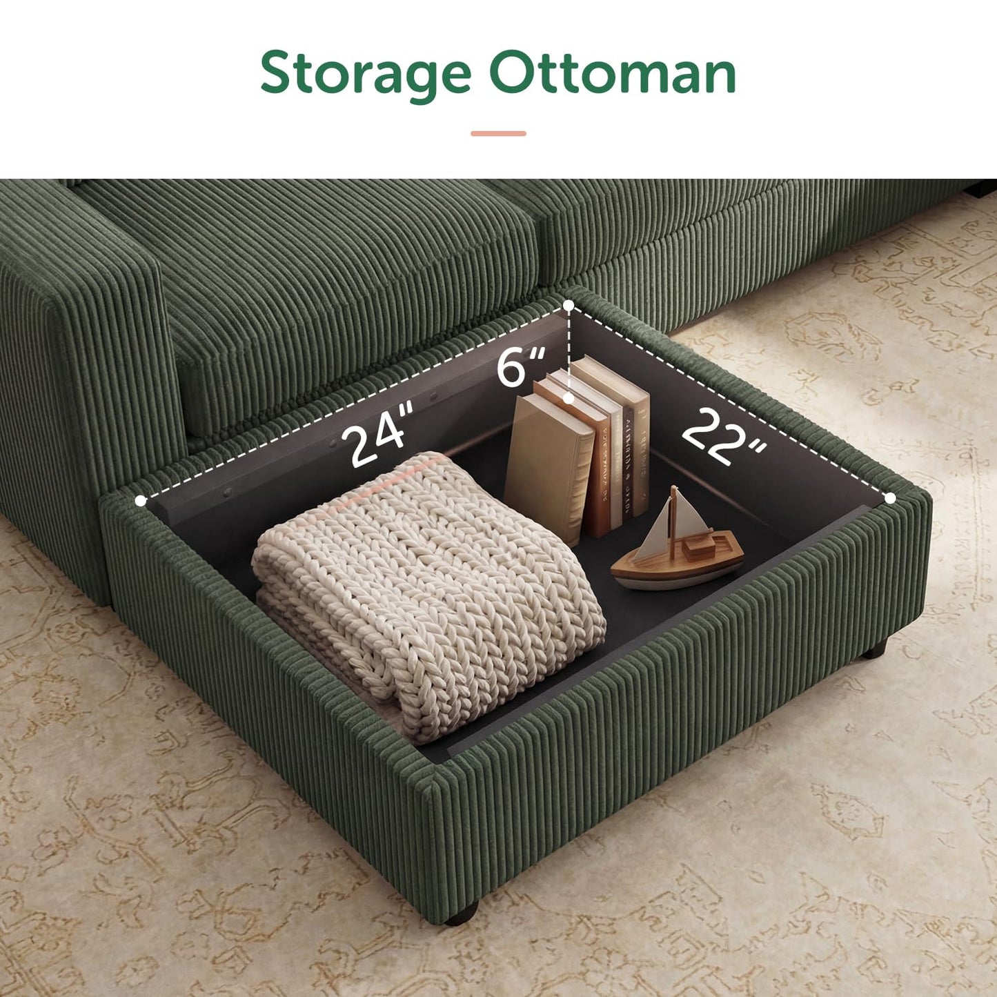 HONBAY Corduroy Sectional Sofa with Storage L-Shaped Sectional Couches for Living Room 6 Seater Sectional Sofa, Green