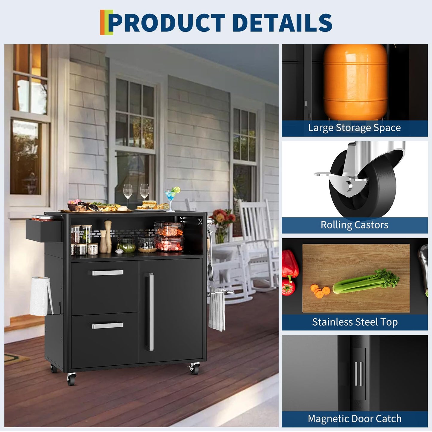 Heavy-Duty Outdoor Grill Cart with Stainless Steel Prep Table,Mobile BBQ Island Cart with Spacious Storage Cabinet & Lockable Wheels, Multi-Function Patio Kitchen Station for Grilling & Outdoor