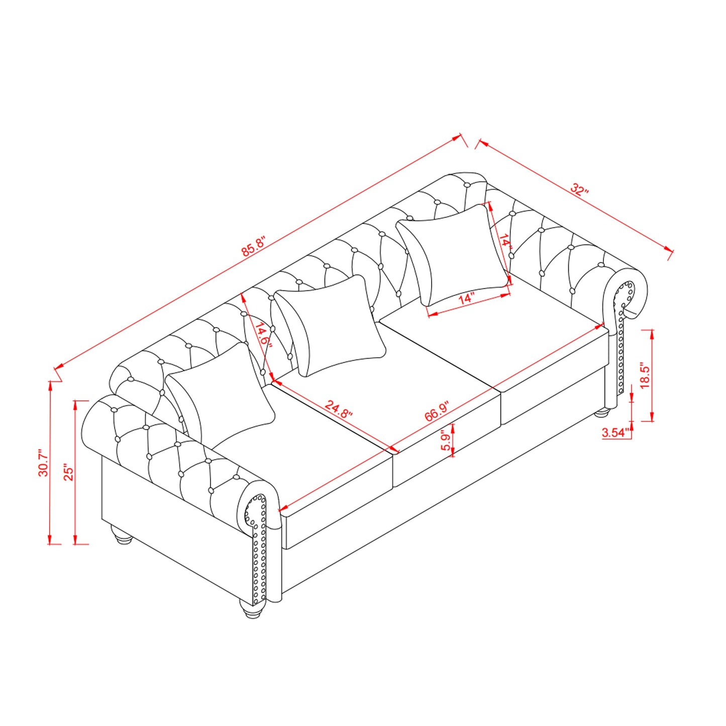 GDFStudio 86" Mid-Century Modern Chesterfield Sofa with Storage, 3 Seater Deep Seat Upholstered Faux Leather Couch with Tufted Back and Nailhead Trim, Rolled Arm Accent Sofa for Living Room, Burgundy