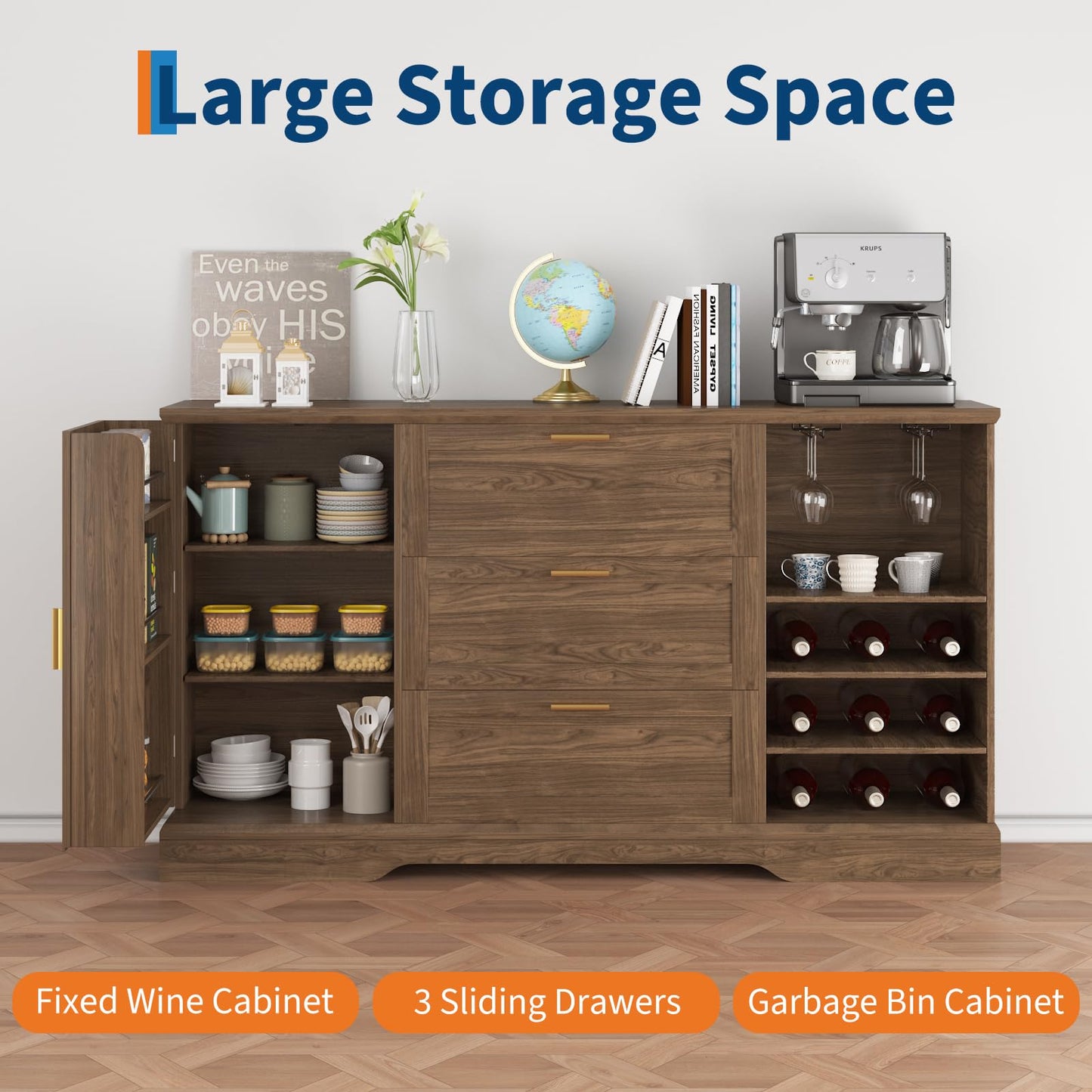 63 Inch Farmhouse Sideboard Buffet Cabinet with 3 Drawers & Wine Rack, Kitchen Coffee Bar with Adjustable Shelves & Door, Versatile Storage Console for Kitchen, Entryway & Dining Room Rustic Walnut