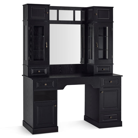 BarberPub Retro Black Barber Station with Mirror, Multi-Storage Salon Workstation with Drawers & Glass Cabinets, Professional Vintage Hair Styling Desk for Barbershop & Beauty Salon 3149