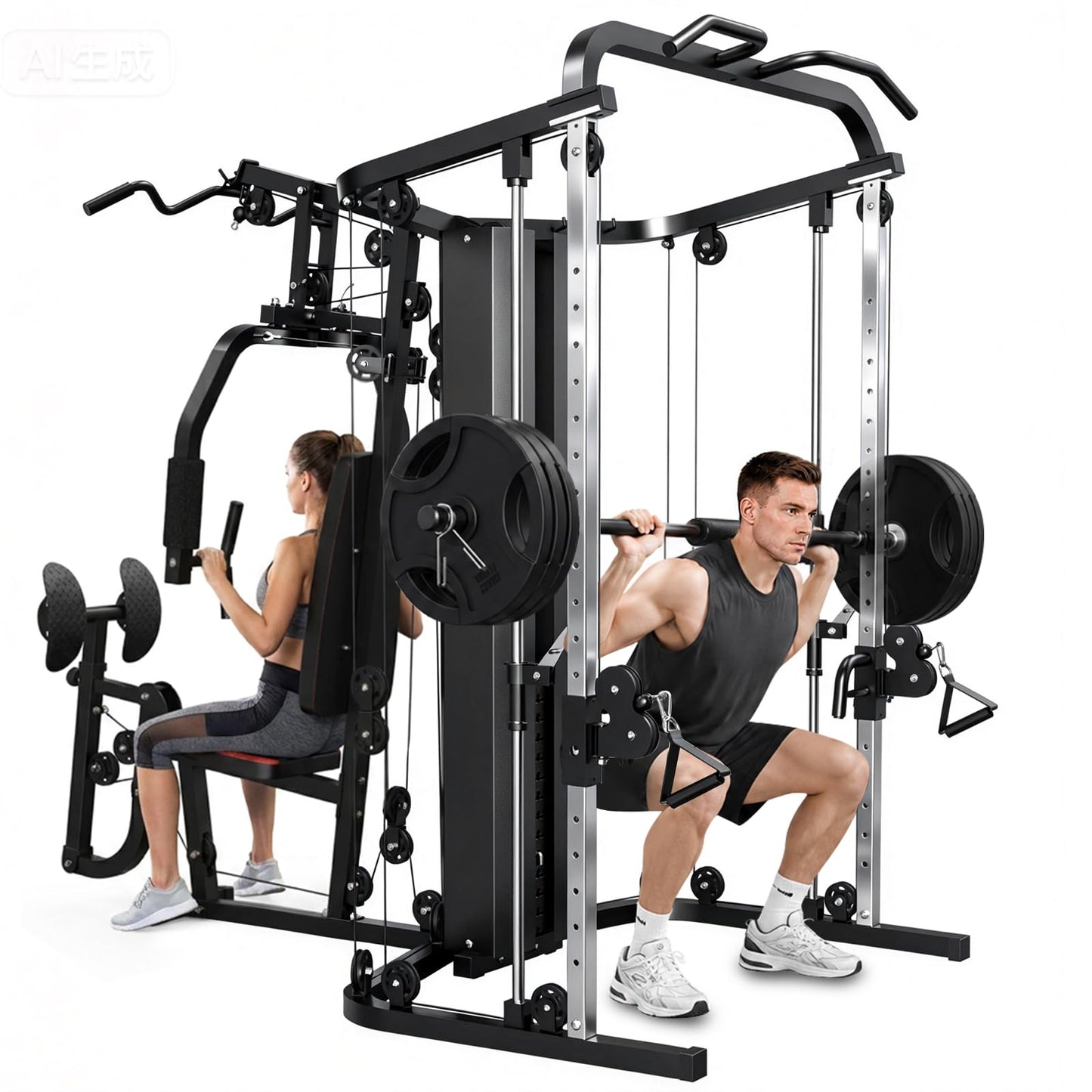 SunHome Multifunction Home Gym Equipment Workout Station, Smith Machine with 138LB Weight Stack, Leg Press, LAT Station for Full Body Training