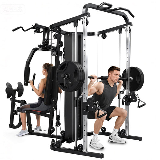 SunHome Multifunction Home Gym Equipment Workout Station, Smith Machine with 138LB Weight Stack, Leg Press, LAT Station for Full Body Training