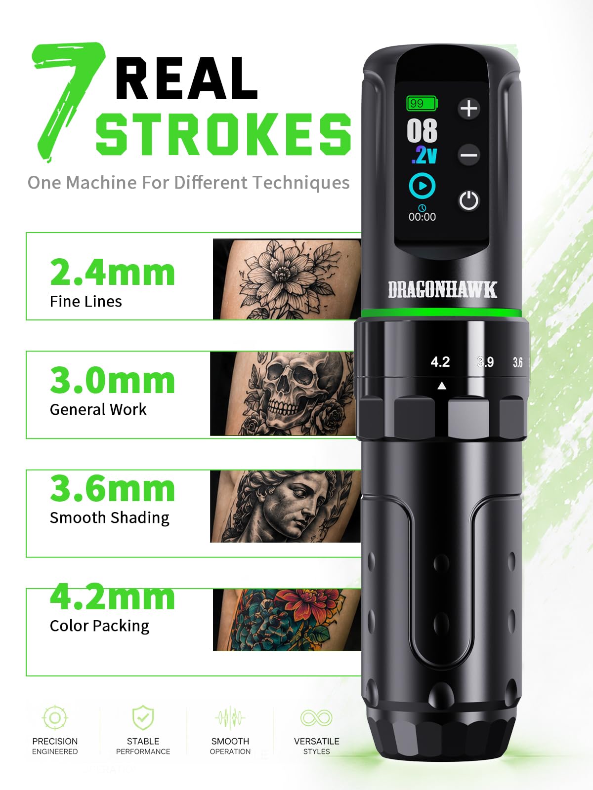 Dragonhawk L3 Wireless Tattoo Kit, Complete Tattoo Gun Kit for Beginners, Adjustable 7 Stroke Tattoo Pen Machine 2.4-4.2mm, Mcore Motor, RCA Corded Backup, Dual 2000mAh Batteries, Tattoo Supplies Set