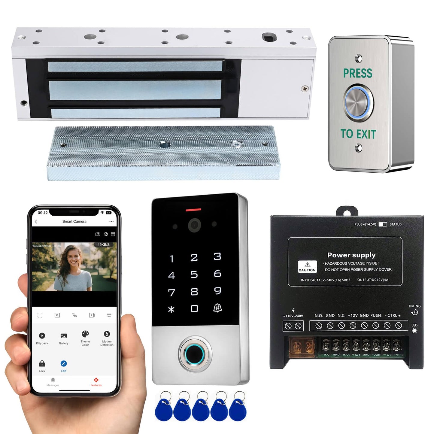 Smart Door Access Control System with Tuya APP Remote Video Intercom & Monitoring, Built-in Camera, 1200lbs Magnetic Lock, IP68 Metal Keypad, Fingerprint/Password/ID Card Unlock