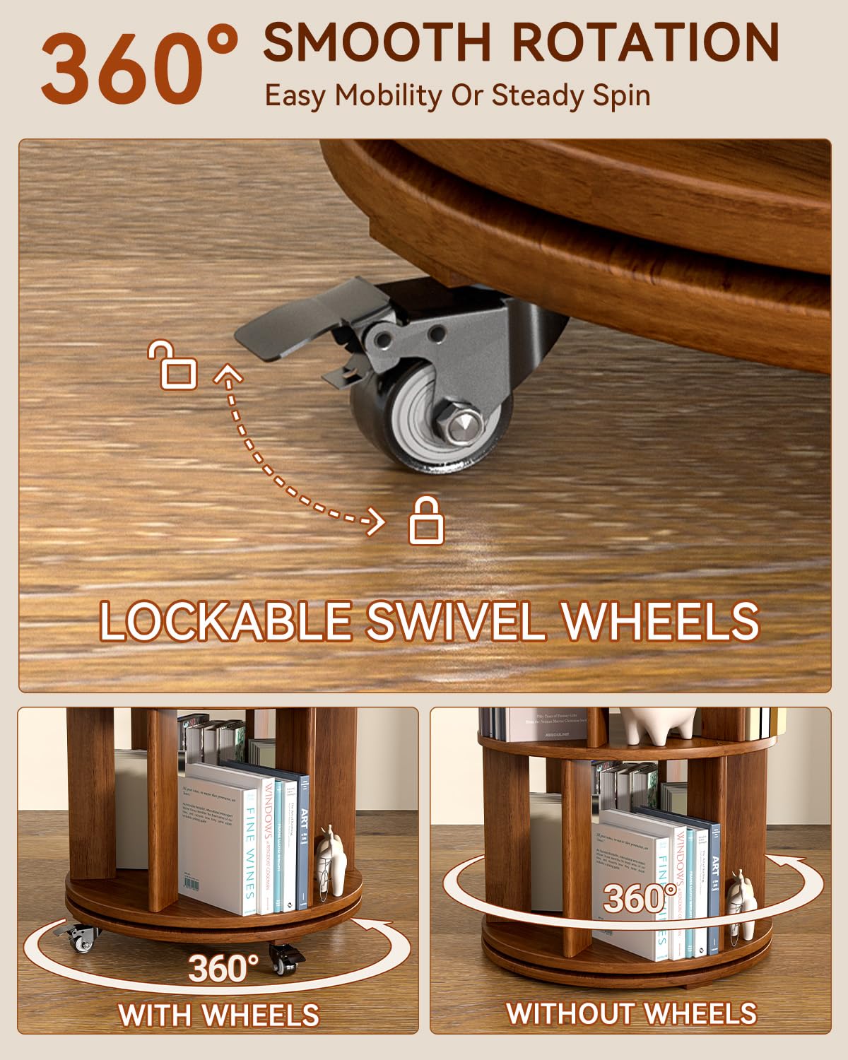 IUNVR Rotating Bookshelf, 6 Tier Solid Wood Bookshelf Tower with Lockable Wheels, 360° Spinning Revolving Bookcase for Small Spaces, Corners, Bedroom, Kids Room, Home Office, Walnut