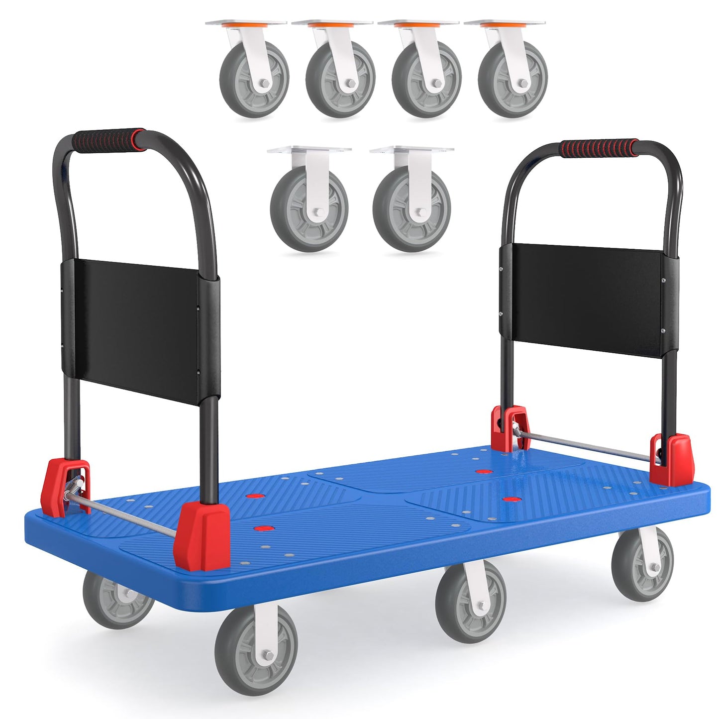 2200 lb Heavy Duty Platform Truck with Dual Handrails & 6 Rubber Wheels