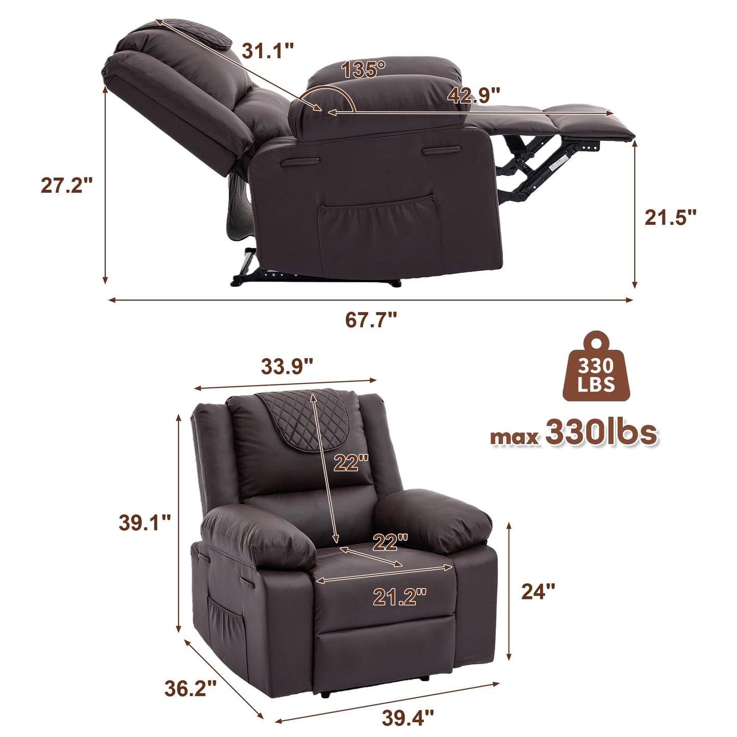 Manual Recliner Chair for Adults - 135° Front & Rear Adjustable, with Heating & Massage, Side Storage Pockets & Remote Control, Ideal for Living Room & Bedroom(Coffee)