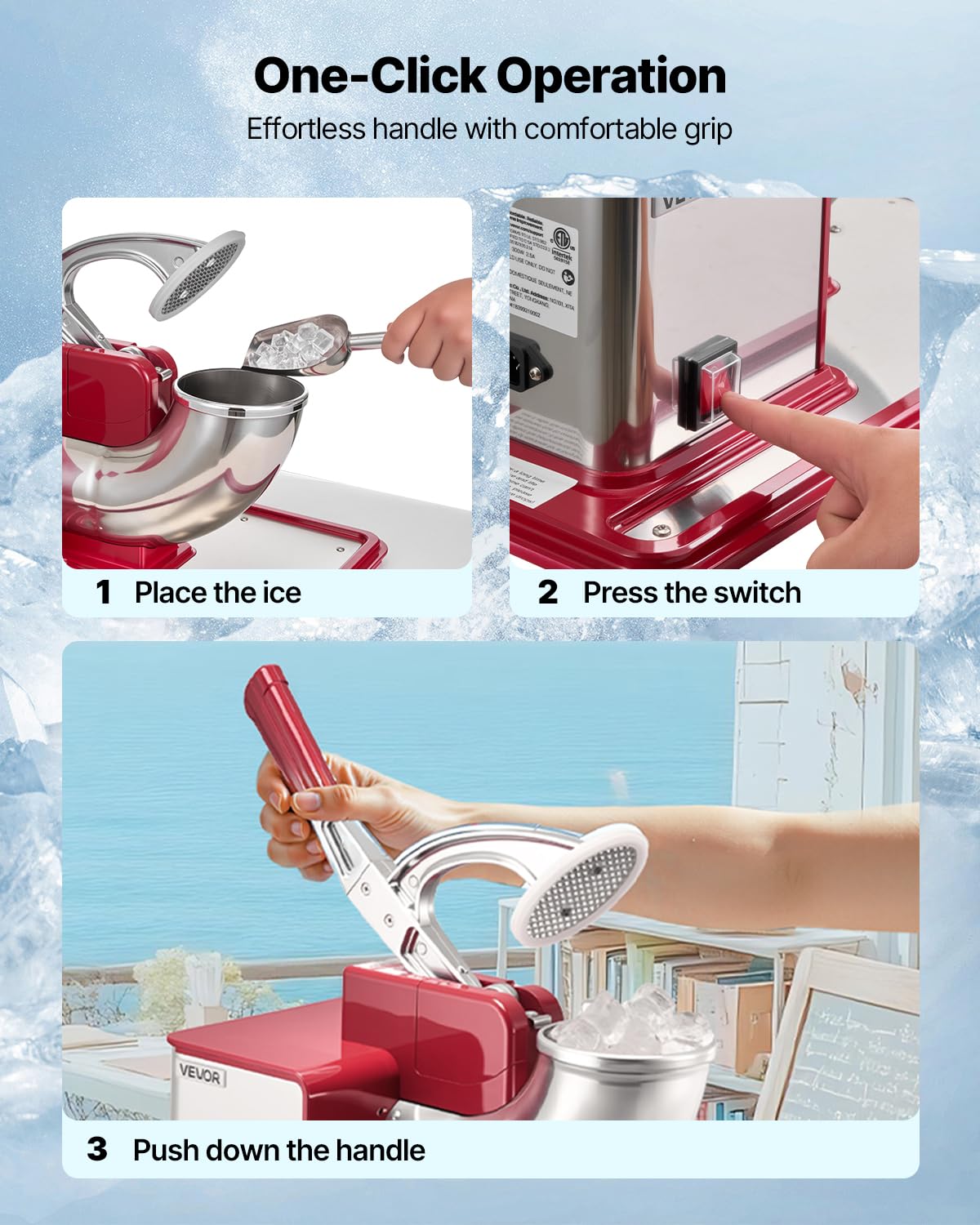 VEVOR Commercial Ice Crusher 661LBS/H, 350W Electric Snow Cone Machine with 4 Blades, 2000RPM Stainless Steel Shaved Ice Machine with 11 Gal Crushed-Ice Box, for Family Restaurants Bars, Red