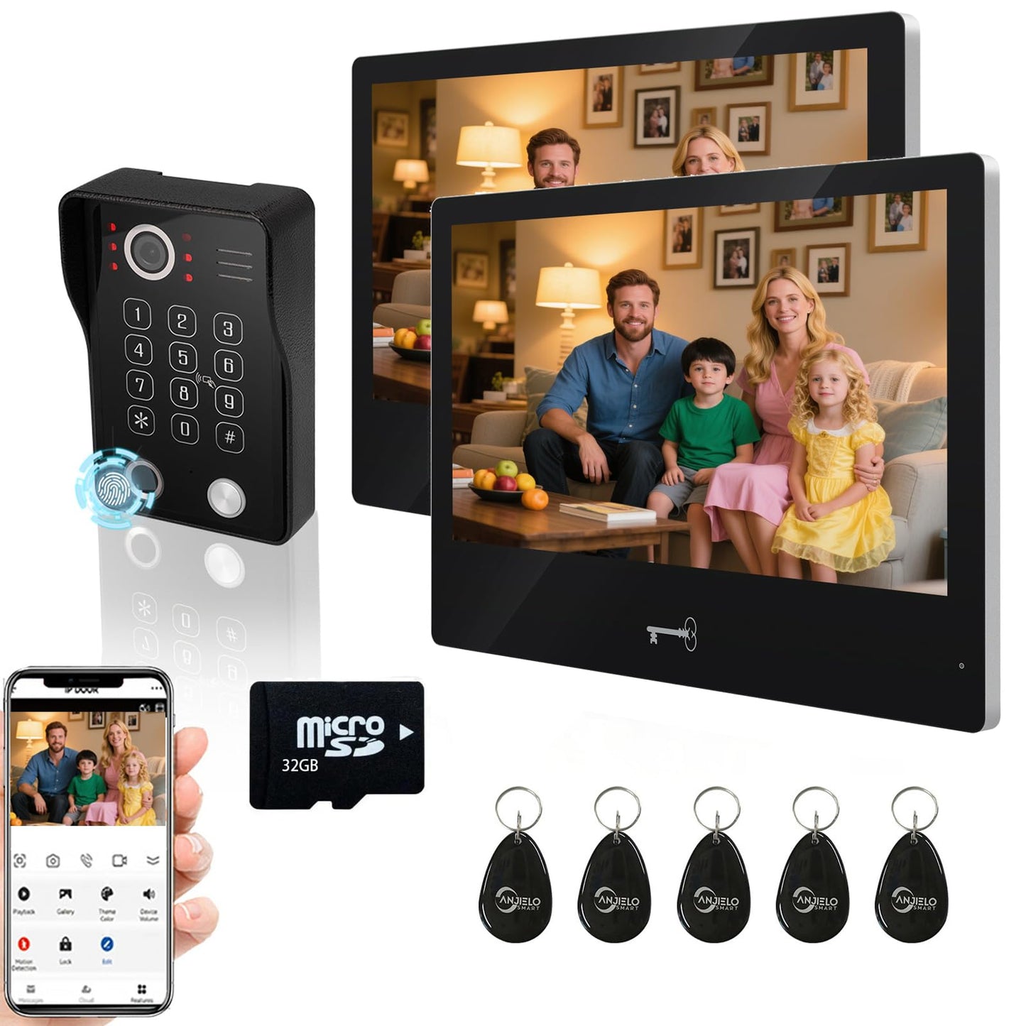 Wired Video Apartment Intercom System,Door Phone Kit,10 Inch Touch Monitor with 1080P HD Doorbell Camera,Supporting Motion Detecting 5 in 1 RFID Card Unlcking for Home Villa (1 Doorbell + 2 Monitor)