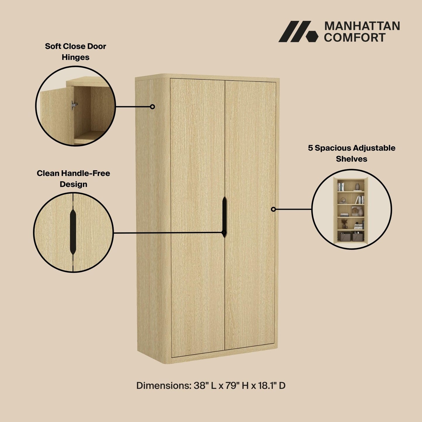 Manhattan Comfort Rivington Bookshelf 79 in Tall 5-Tier Bookcase with Soft Close Doors, Modern Storage Cabinet, Handle-Free, Round Corner Design for Living Room, Bedroom, or Home Office in Natural Oak