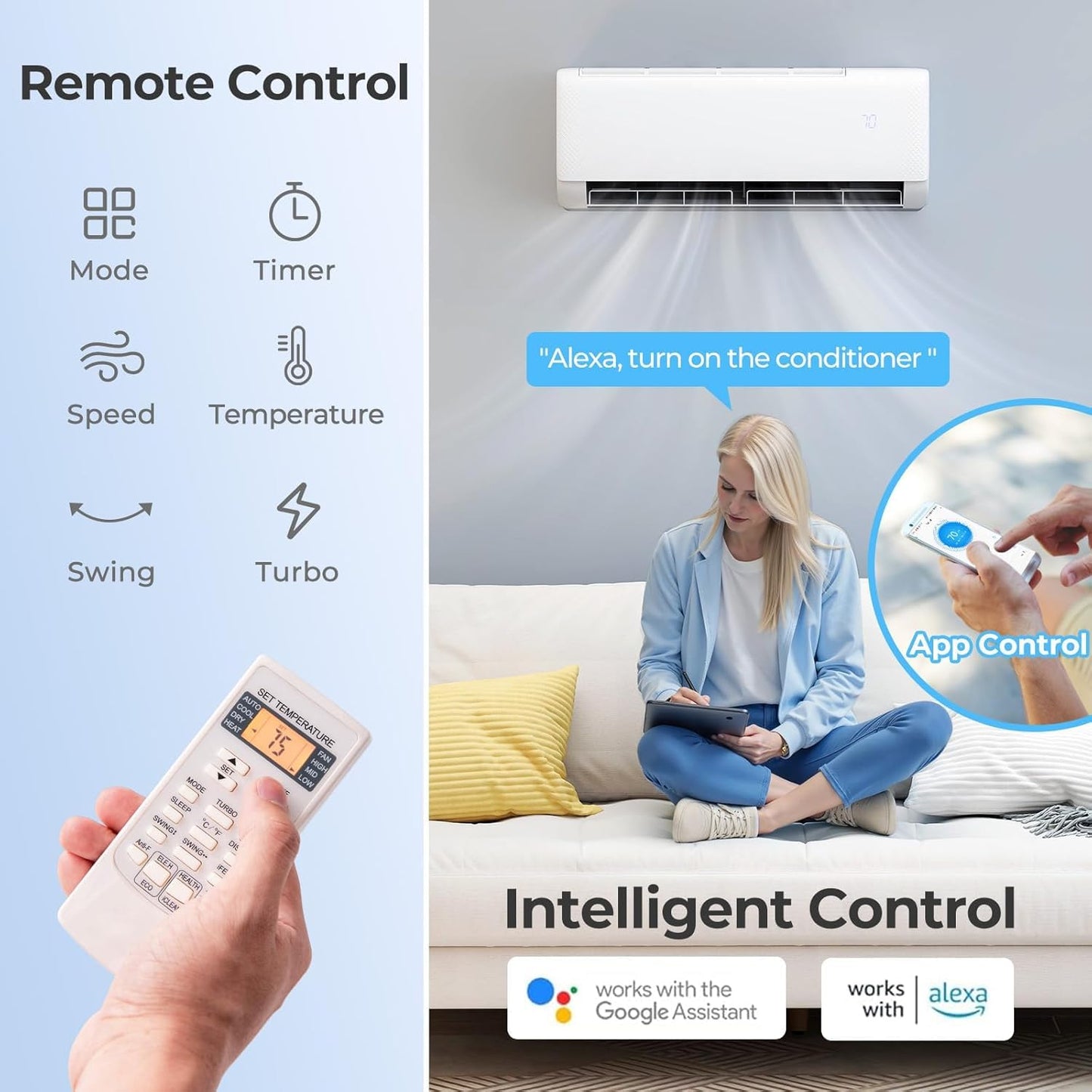 SIMOE 9000 BTU Mini Split Air Conditioner and Heat Pump, 115V 20.5 SEER2 WiFi Enabled Mini Split AC/Heating System, Cools Up to 450 Sq.Ft, Ductless Inverter AC Unit with Pre-Charged Condenser