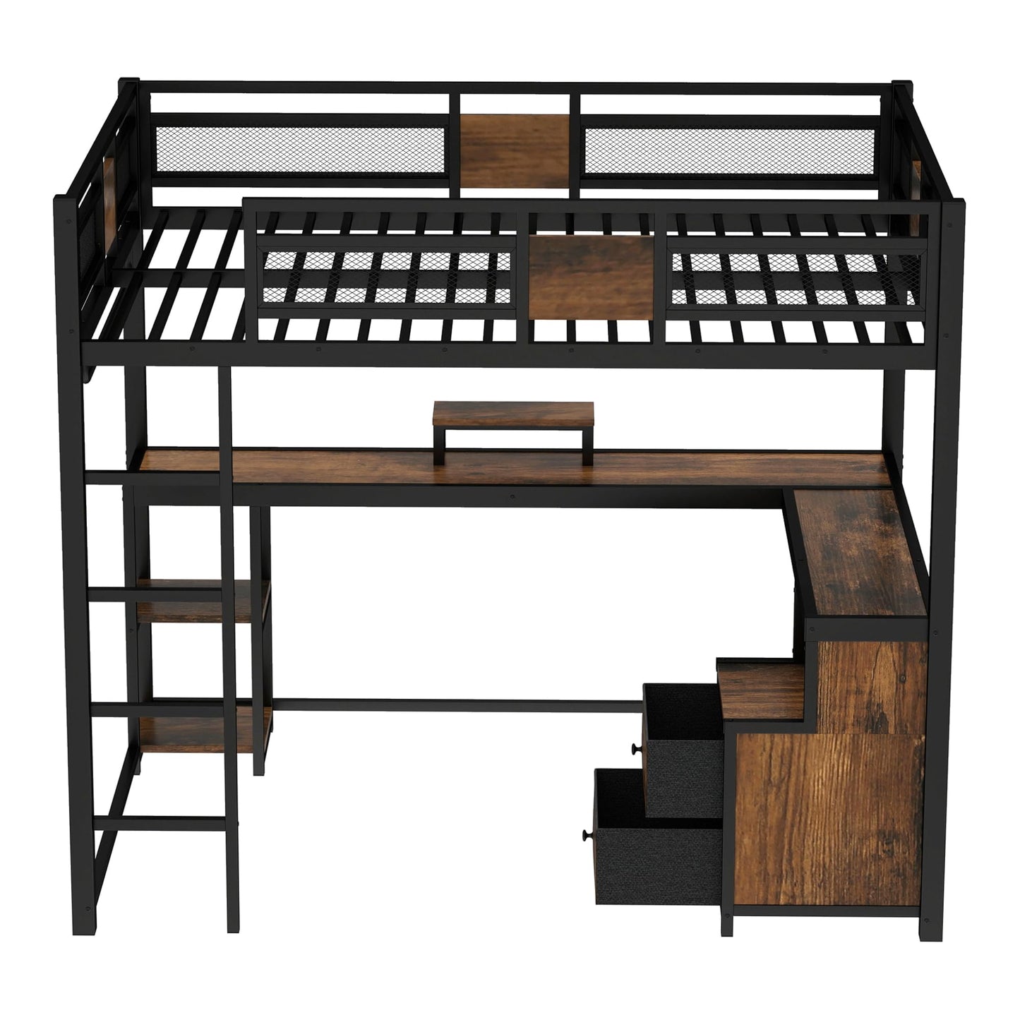 Bellemave Queen Size Loft Bed with Desk and Storage Drawers, Queen Loft Bed Frame with Computer Monitor Stand, Corner Shelf and Hanger Rod, Adults Loft Beds Frame, Black