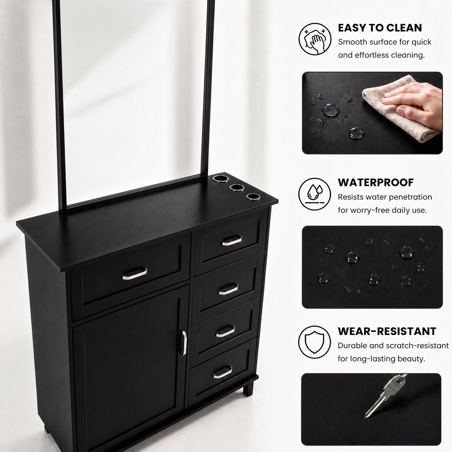 Merax Barber Salon Station with Mirror, Metal Frame Workstation for Salons, Barber Storage Cabinet with Drawers, Desktop Storage Holes, Freestanding Beauty Station for Hair Salon, Black