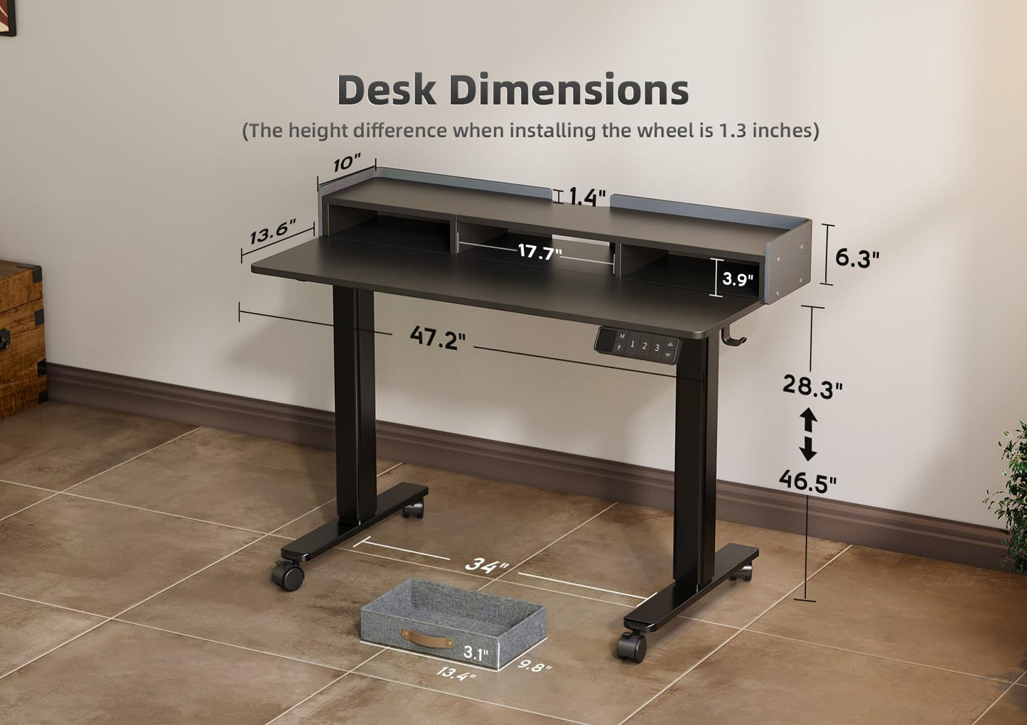 YDN Standing Desk with Drawers, 48 Inch Standing Desk Adjustable Height, Adjustable Electric Stand Up Sit Stand Small with Storage and Shelf, Black