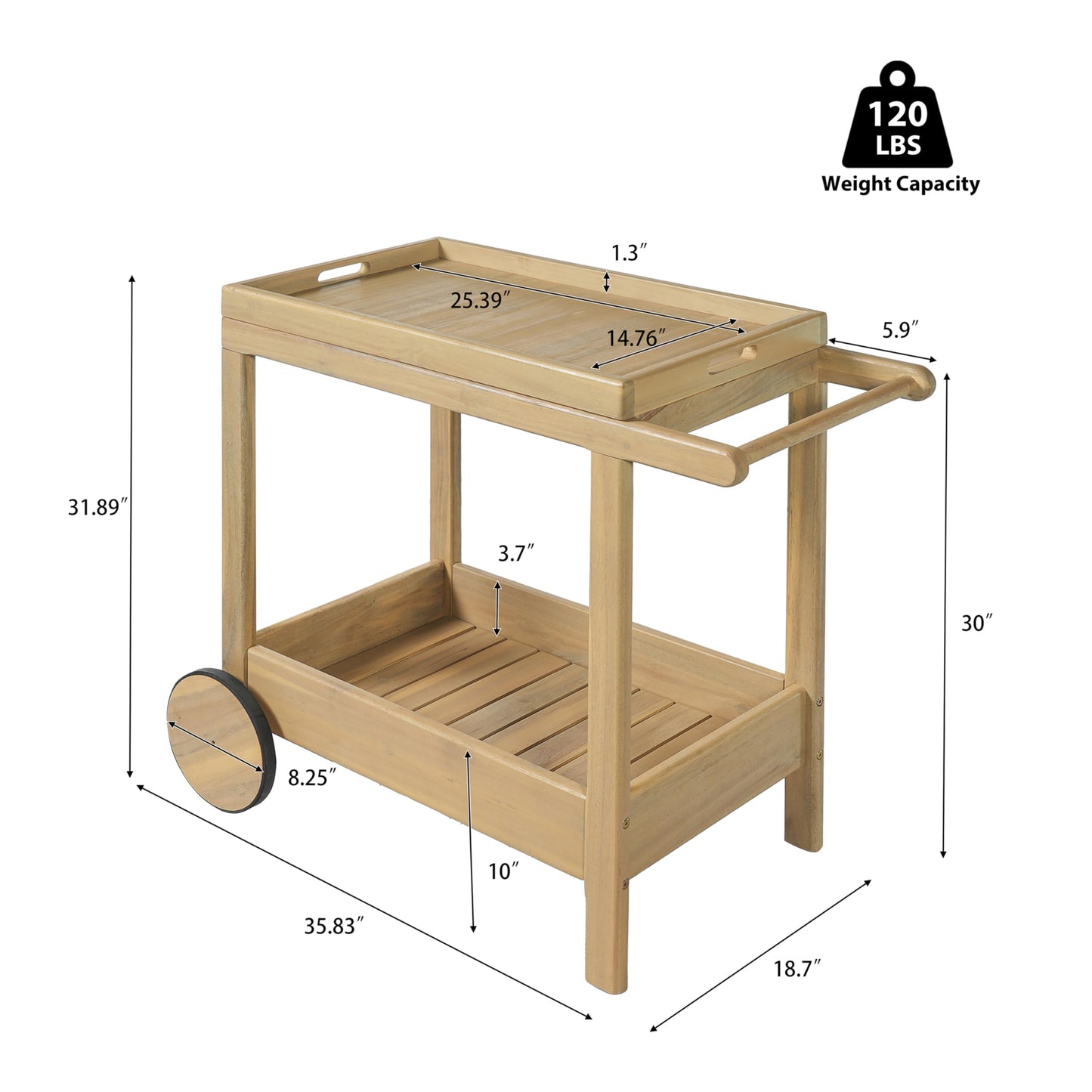 Christopher Knight Home Sara Acacia Wood Outdoor Bar Cart with Wheels, Rolling Kitchen Cart with Tray, Rolling Serving Cart for Patio, Deck & Backyard, Natural Wood