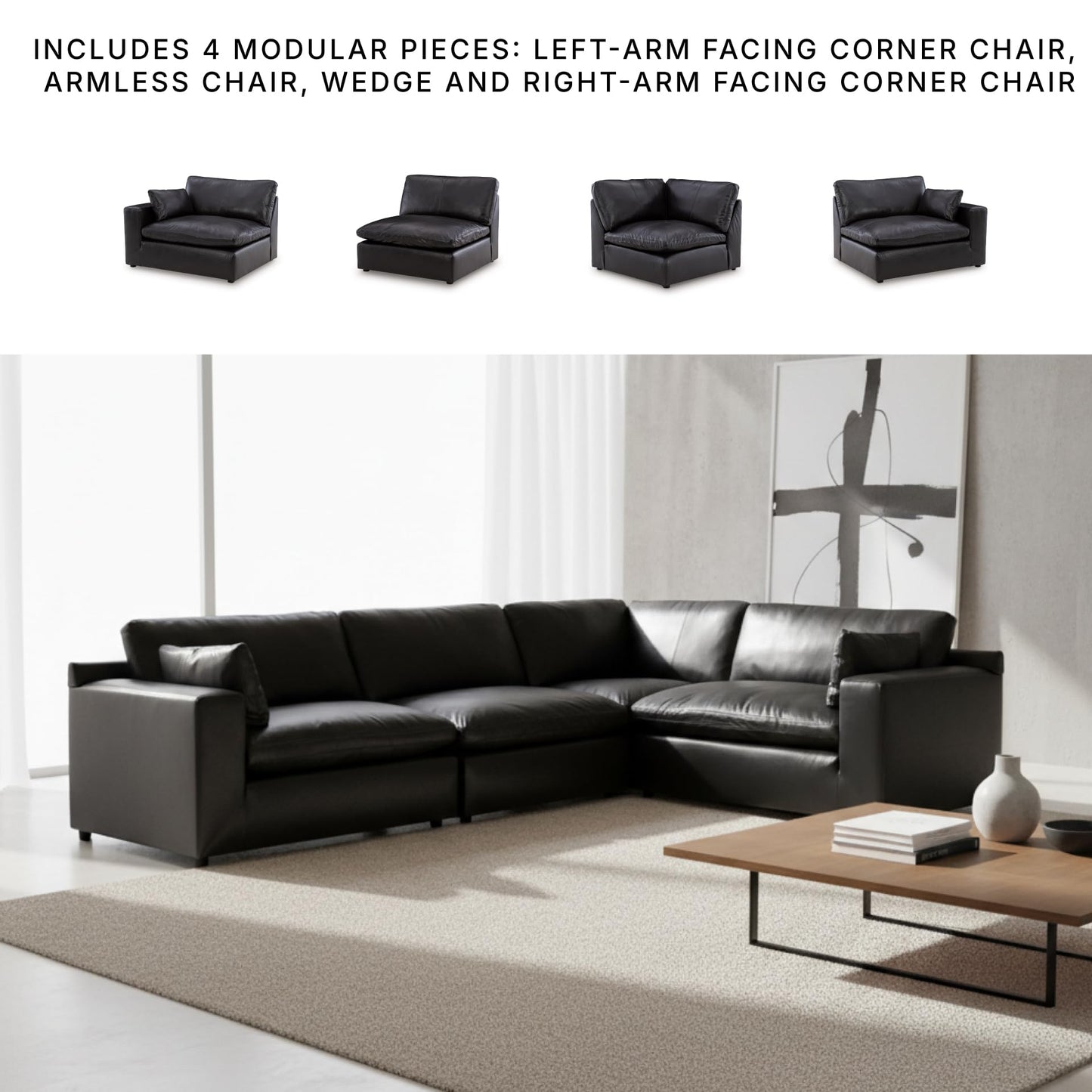 Signature Design by Ashley Emilia Sectional Sofa, Modular Leather Couch with Feather Cushions, Contemporary Living Room Seating with Floating Pieces, 130" W x 90" D x 36" H