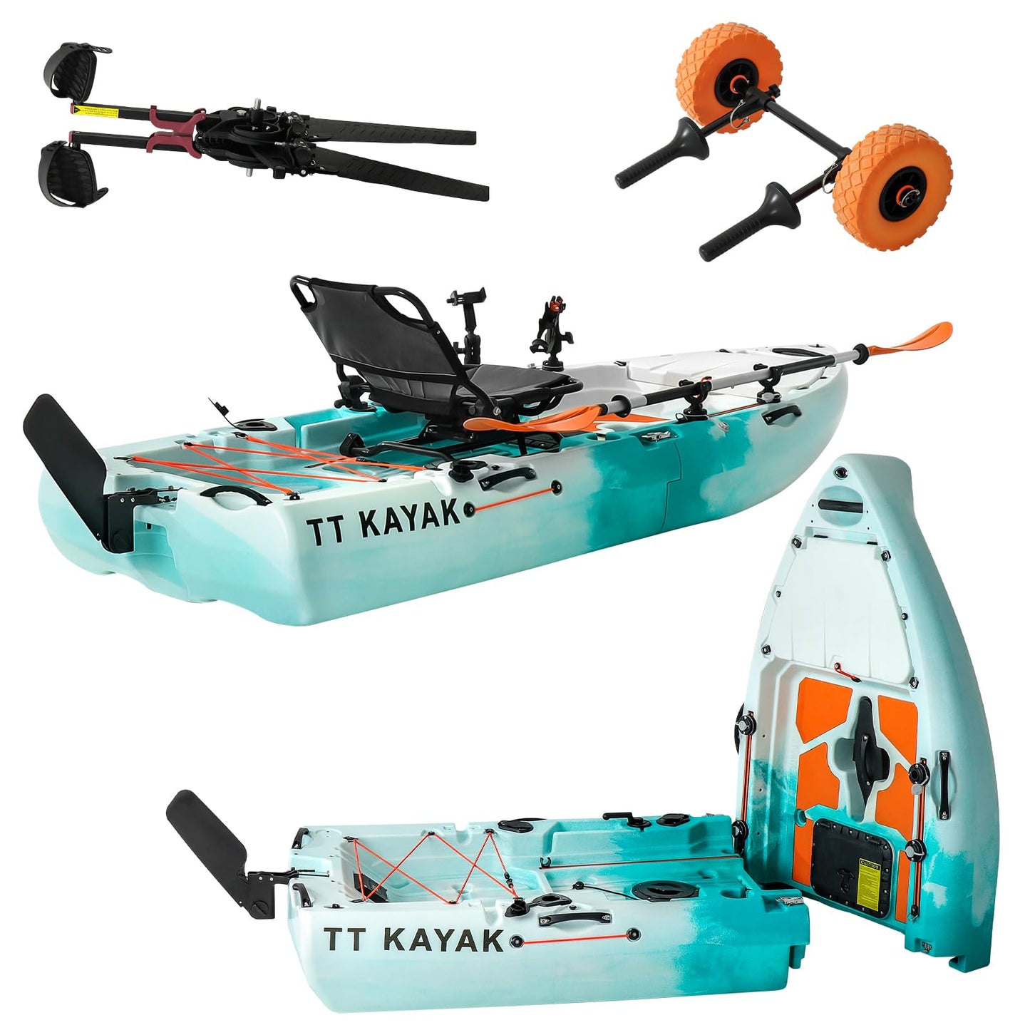 Modular Fishing Kayak with Cart & Paddle, 573 lbs Capacity, 110" Sit-on-Top Kayak, 360° Swivel Seat, 2-Piece Portable Design Fits SUV/Pickup/Van, for Ocean, Lake & River (1-Person Kayak)