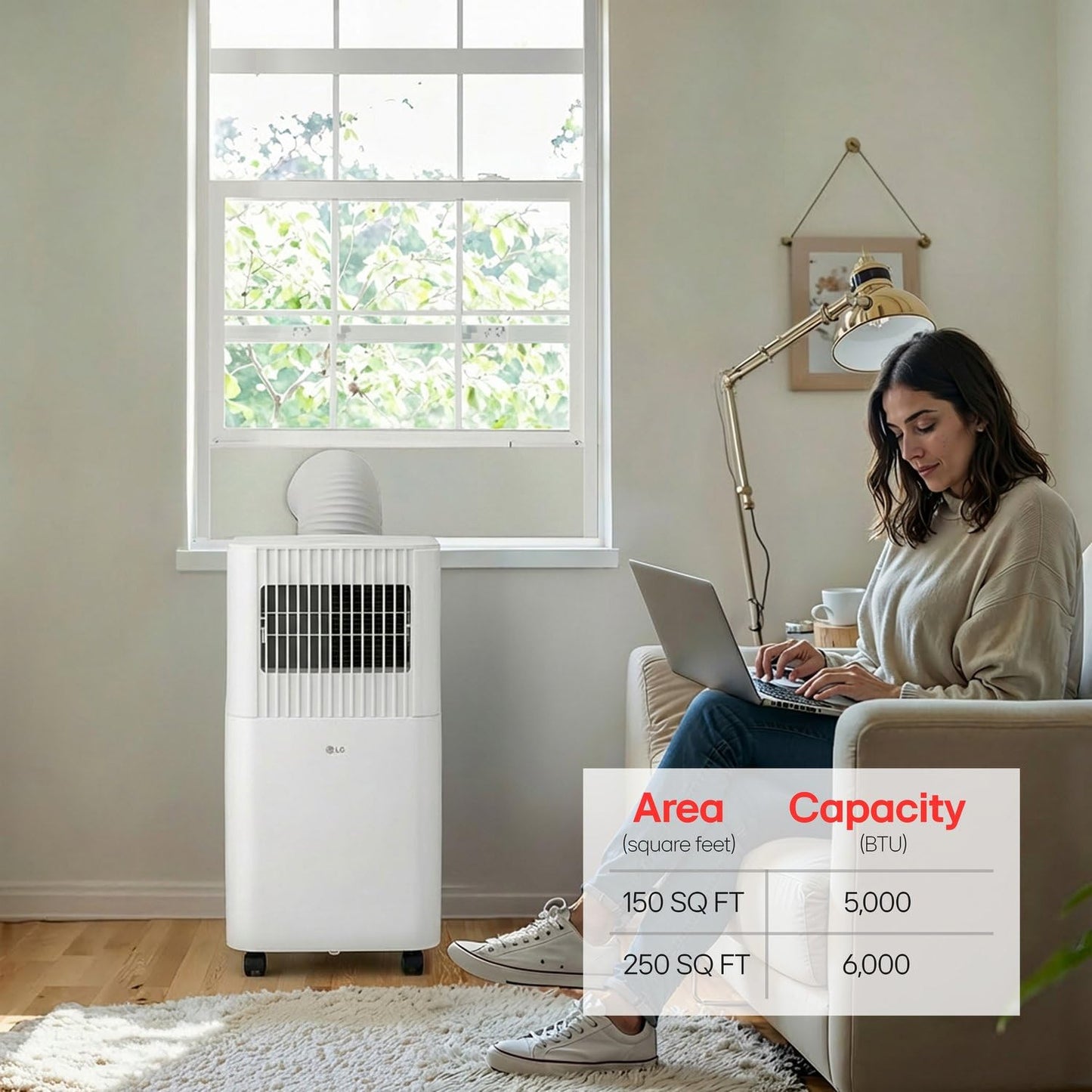 LG 6000 BTU Portable Air Conditioner in White, Compact Quiet Standing Smart Home Compatible AC Unit with Fan, Remote Control & Wi-Fi for Indoor Bedroom, Bathroom, Garage & Office
