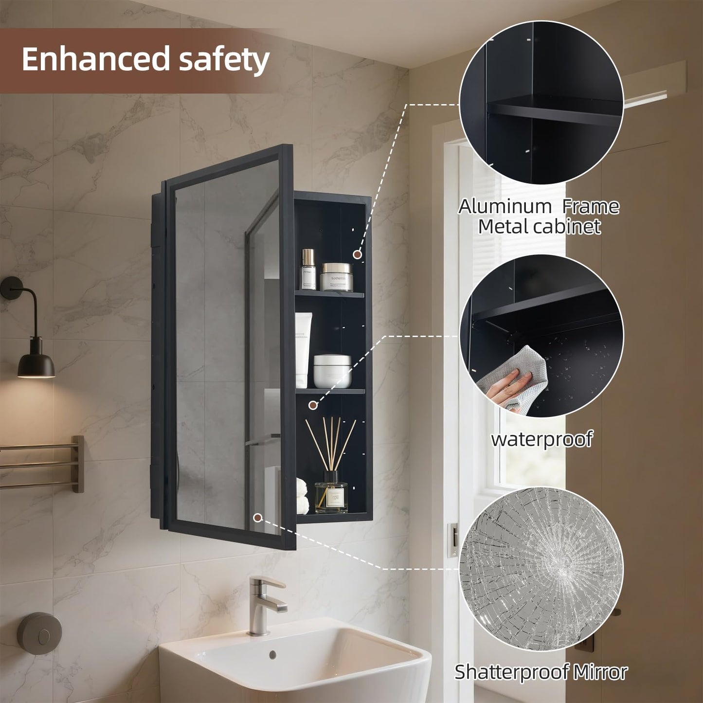 24"x30" Medicine Cabinet Mirror with Large Capacity,Black Metal Mirror Cabinet and Iron Medicine Cabinet for Bathroom,Recessed(22.85"x28.85") or Surface Wall-Mounted(24"x30") Bathroom Vanity Mirror