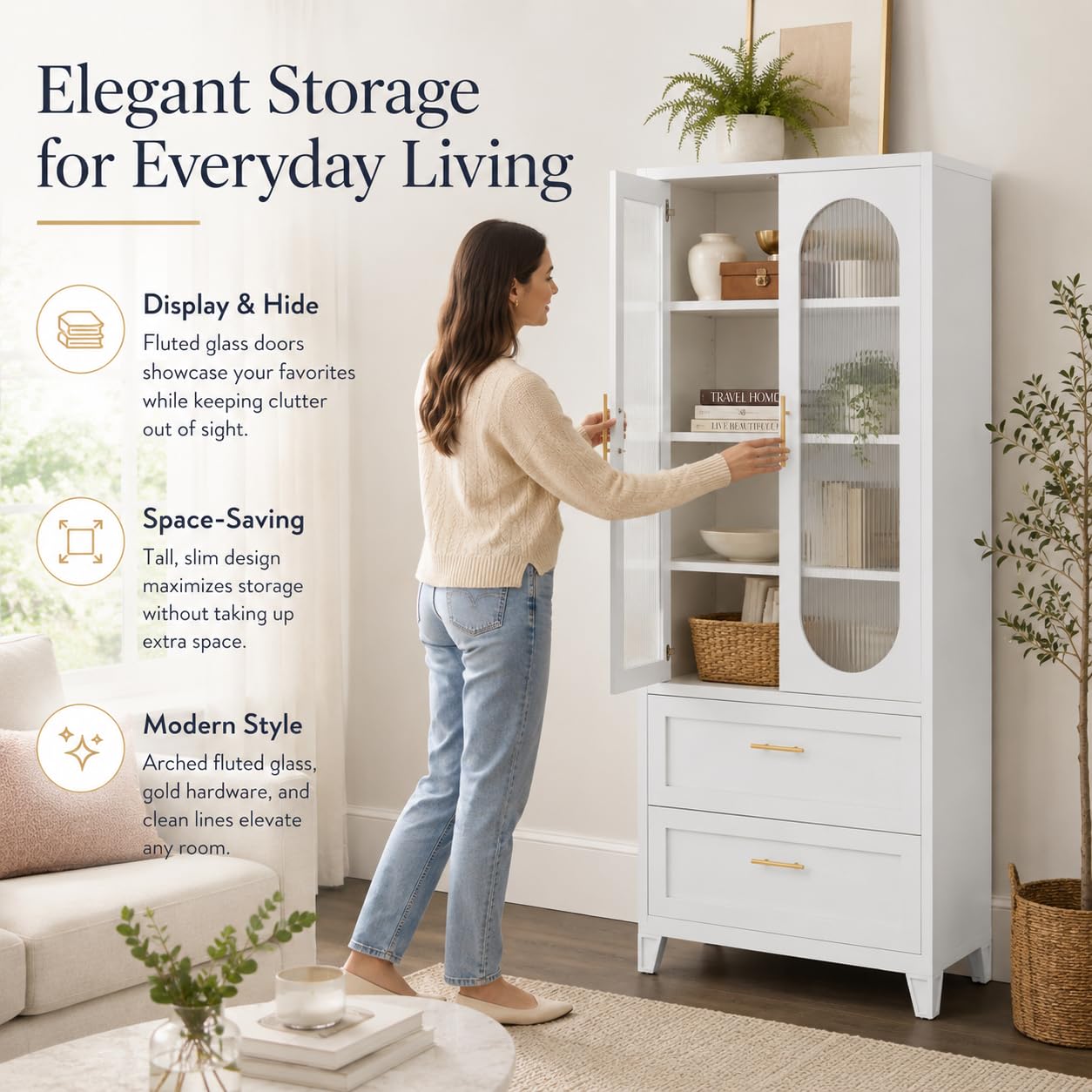 Garvee 74" H Storage Cabinet, Freestanding Pantry Cabinet, Frosted Glass Doors, Fluted Design, 4 Door Cabinet with Adjustable Shelf, Kitchen Bathroom Dining Room Living Room Office, White