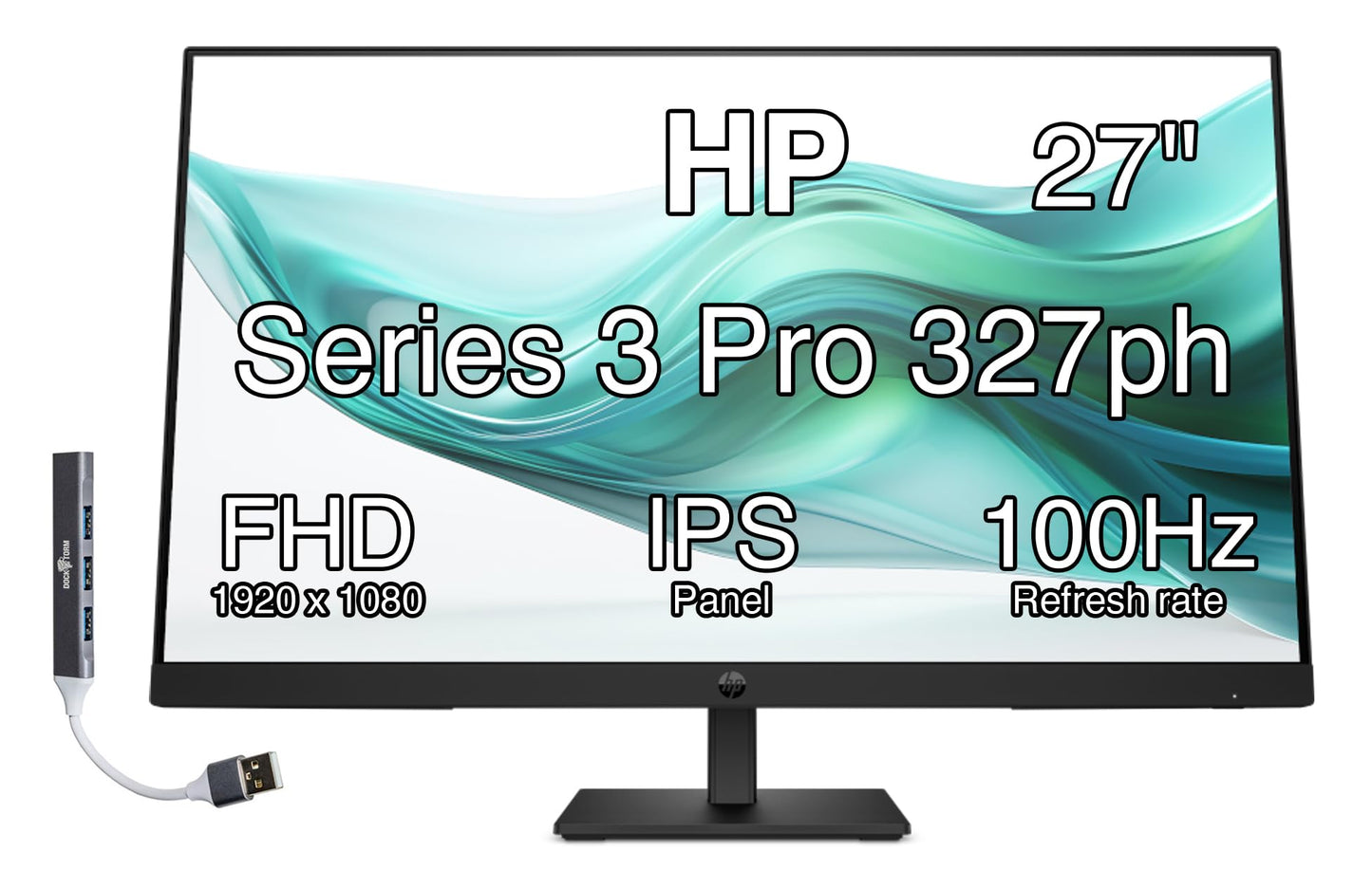 HP Series 3 Pro 327ph 27" IPS Monitor w/5ms Response Time, Built-in 2x2W Speakers, Height Adjustable, Anti-Glare, Flicker Free, VESA Mount (100mm), HDMI & Dockztorm USB Port Expander (B0CG8UT#ABA)