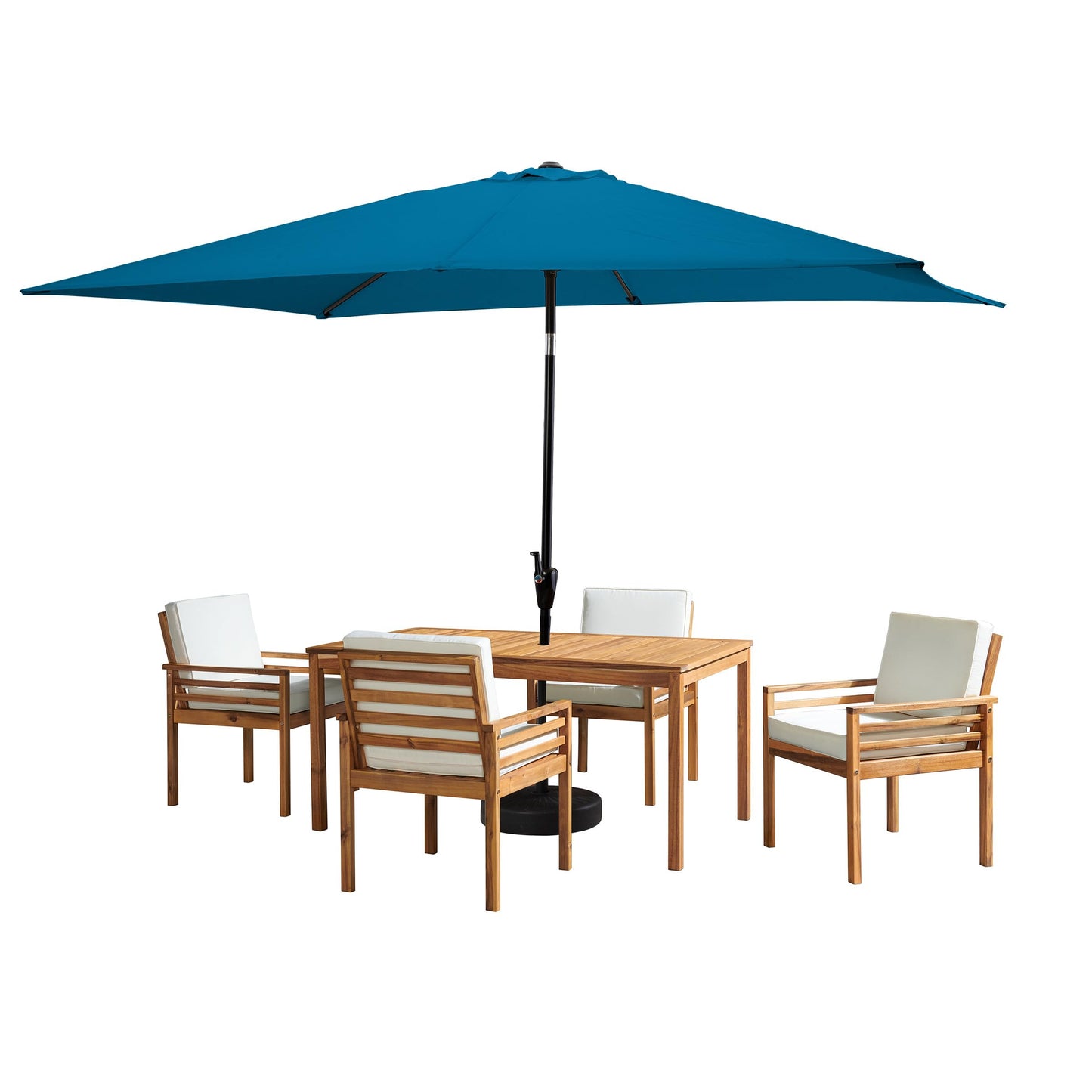 Alaterre Furniture Okemo 6 Piece Outdoor Dining Set with Umbrella - Acacia Wood Outdoor Furniture Set with 63” Patio Table, 4 Patio Chairs, and 10ft Rectangular Turquoise Umbrella