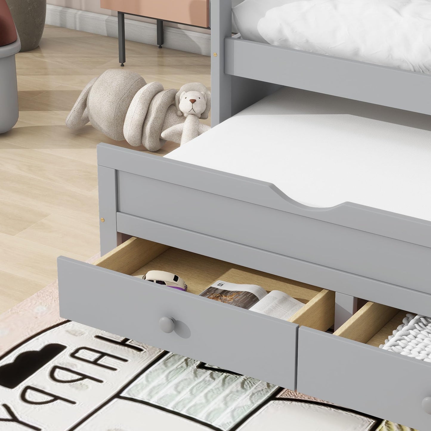 KEIKI Twin Bed Frame with Trundle & 3 Storage Drawers, Modern Captain’s Bed, Pine Platform Corner Bed with Headboard & Footboard for Living Room, Guest Room, or Bedroom, Gray