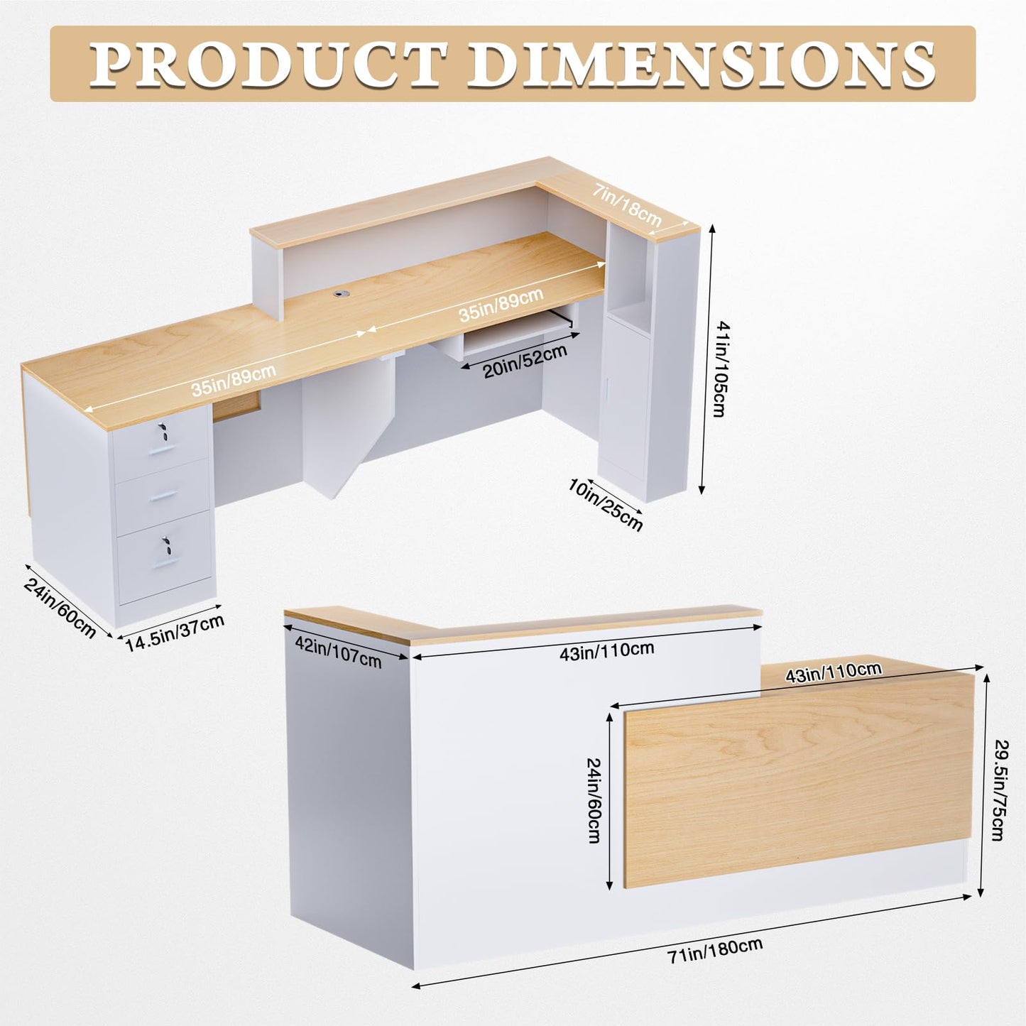 kaiwrxin L-Shaped Modern Reception Desk with Counter & Storage - 71" Large Office Front Desk, Salon Checkout Counter with Lockable Cabinets, Shelves (Oak & White, Right - 71''L x 34''W x 41''H)