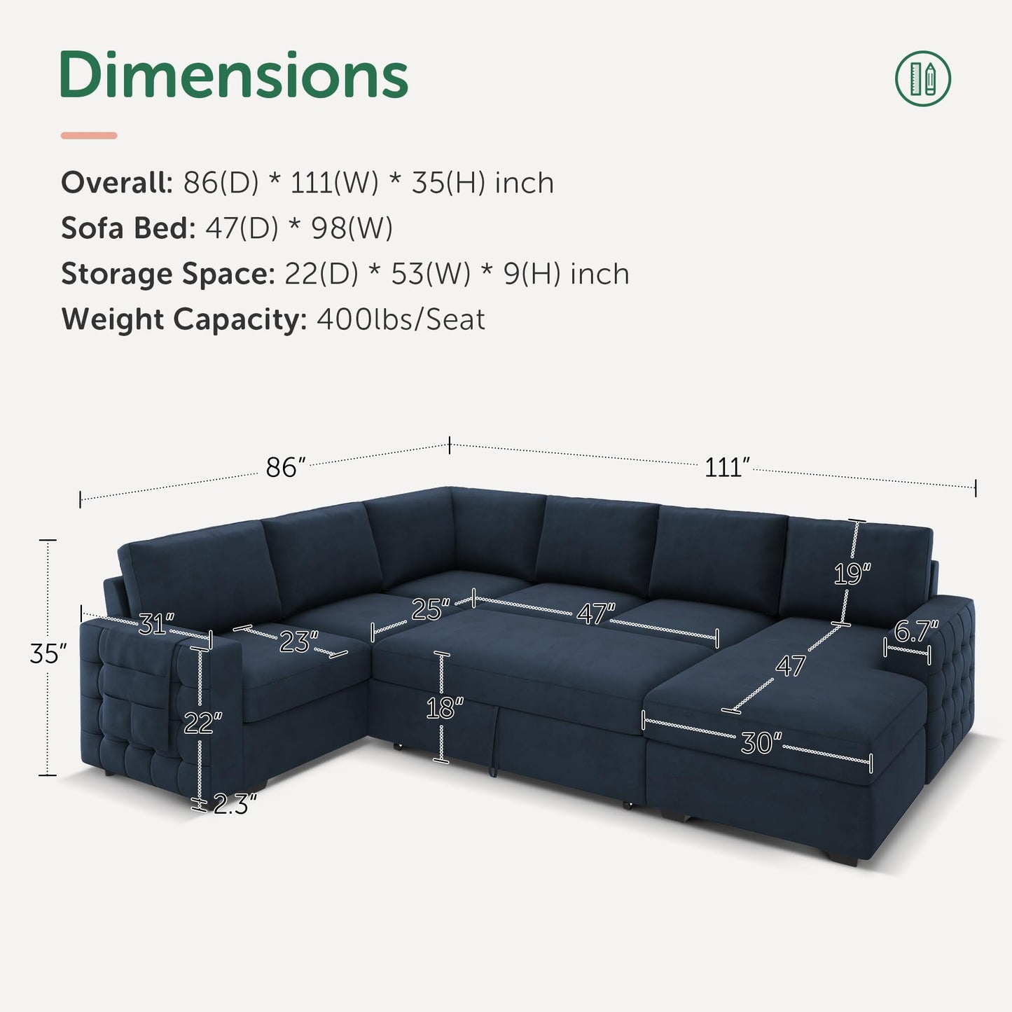 HONBAY Sleeper Sectional Couch with Pull-Out Bed Sectional Sleeper Sofa Pull Out Bed with Storage Chaise, 6 Seaters Couch for Living Room, Velvet Blue