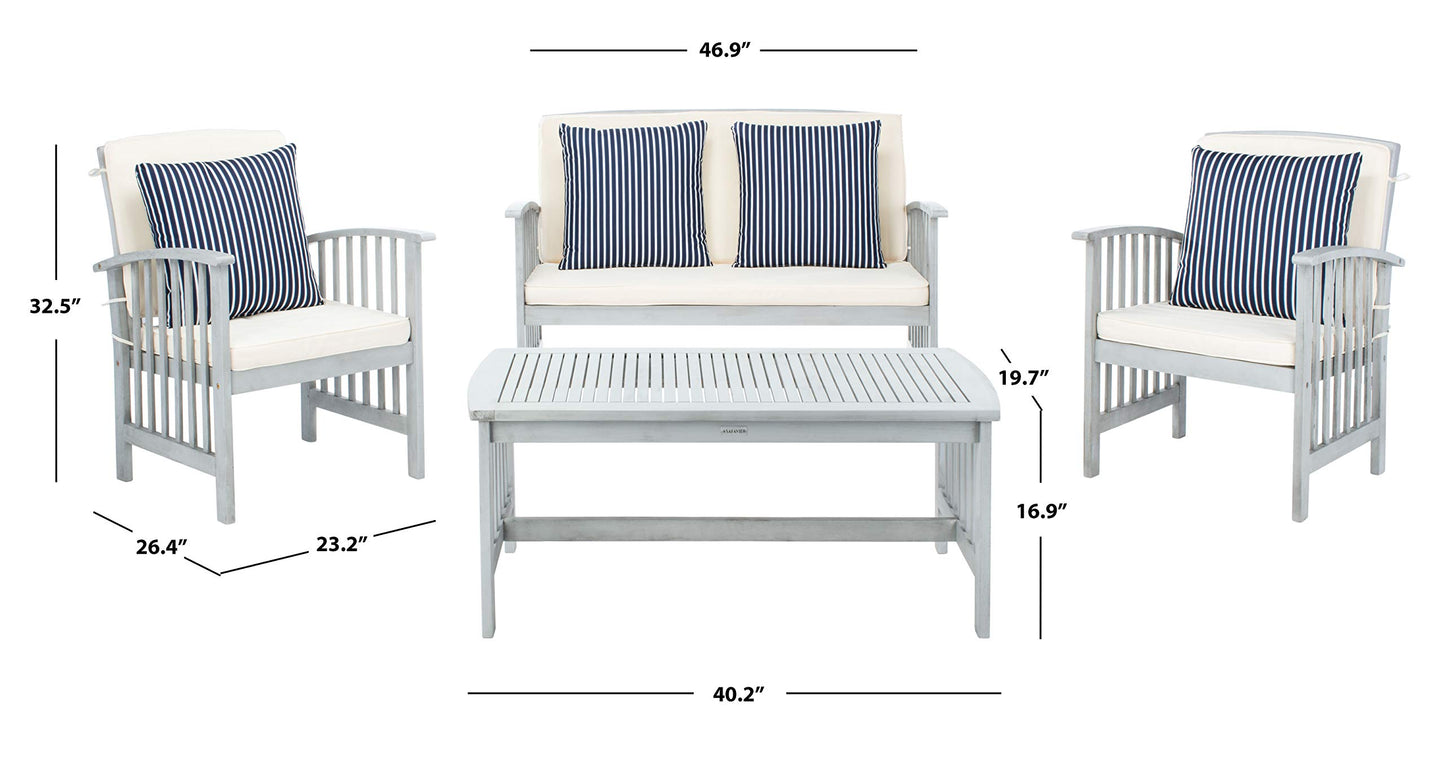 SAFAVIEH Outdoor Collection Rocklin Grey / Beige Cushions/ Stripe Pillows 4-Piece Conversation Patio Set