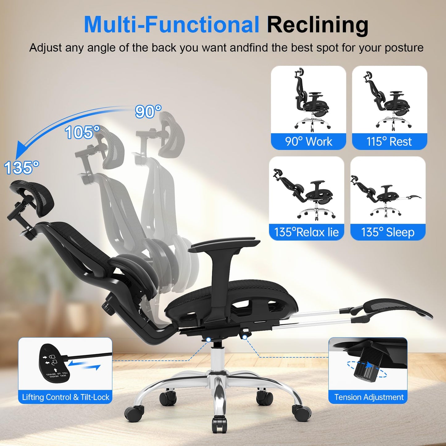 Freepub Ergonomic Mesh Office Chair, Home Desk Chair with Adjustable Lumbar Support, 3D Headrest and Armrests, Reclining Big and Tall High Back Computer Gaming Chair for Man Women, 350lbs, Black