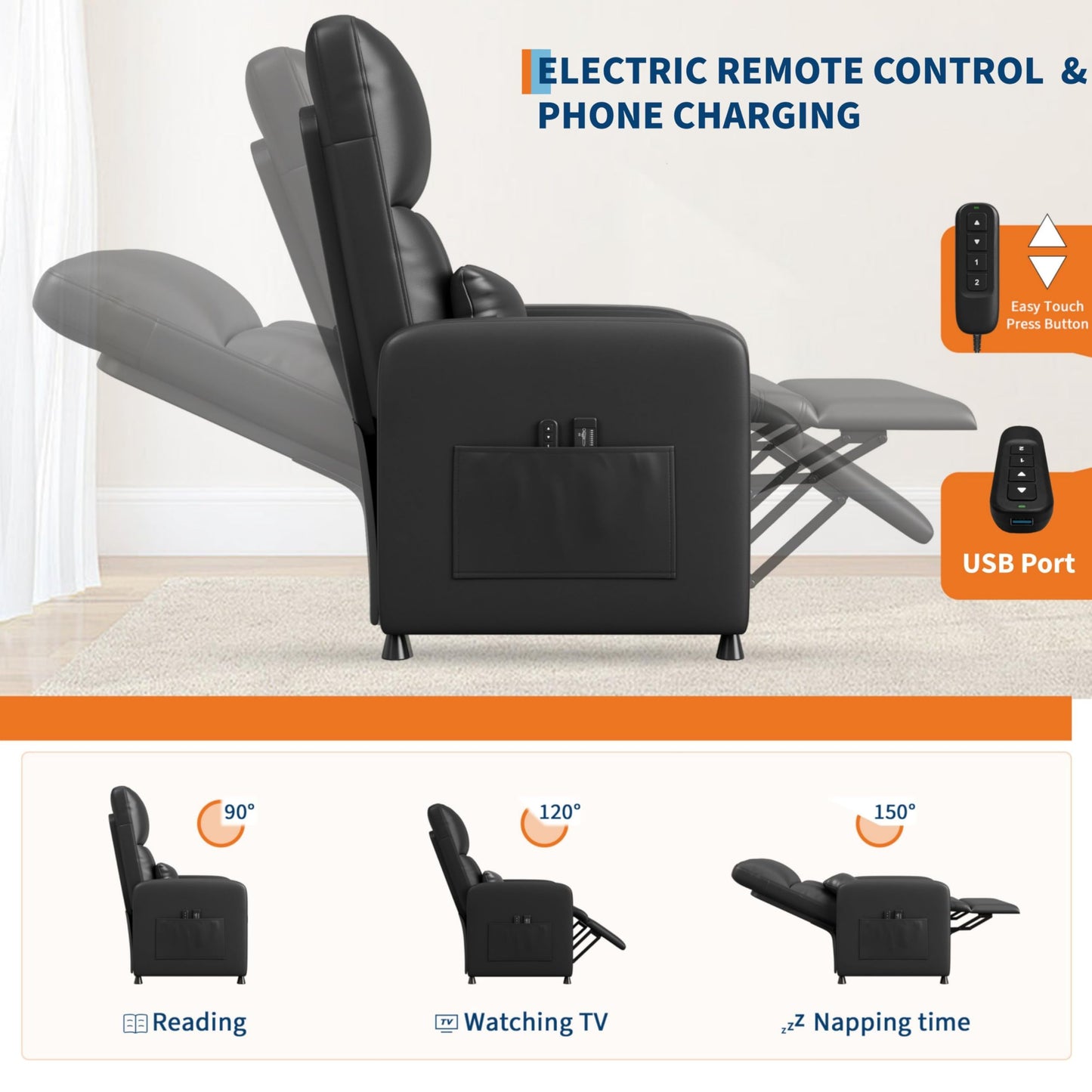 GarveeHome Power Recliner Chair with Massage and Heat, Adjustable Electric Recliner Ergonomic Overstuffed PU Leather Single Sofa, 2 Side Pockets and USB Port, Home Theater Seating for Living Room