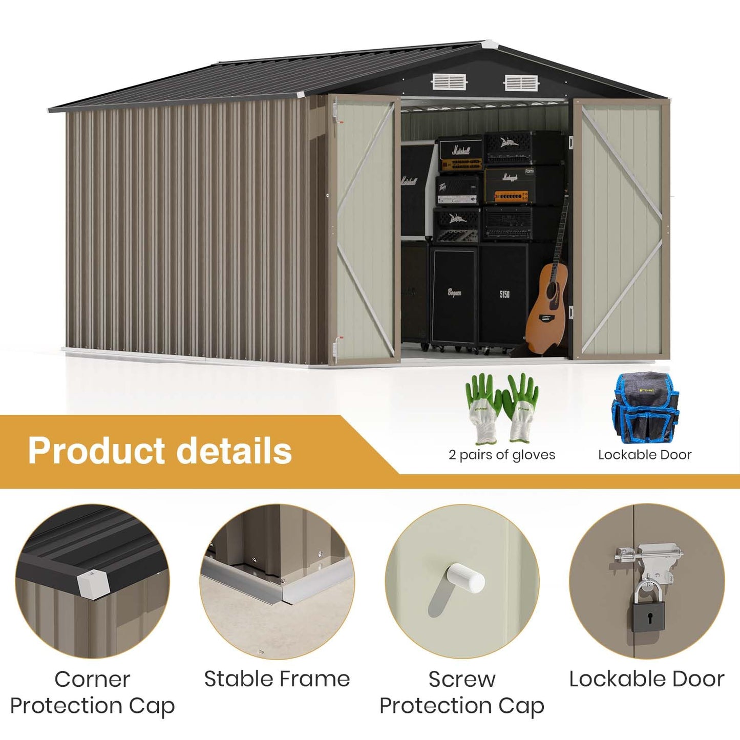 Patiowell 12 x 8 FT Outdoor Storage Shed, Steel Shed Storage House with Design of Lockable Doors, Utility and Tool Storage for Garden, Patio, Backyard, Outside use, Brown