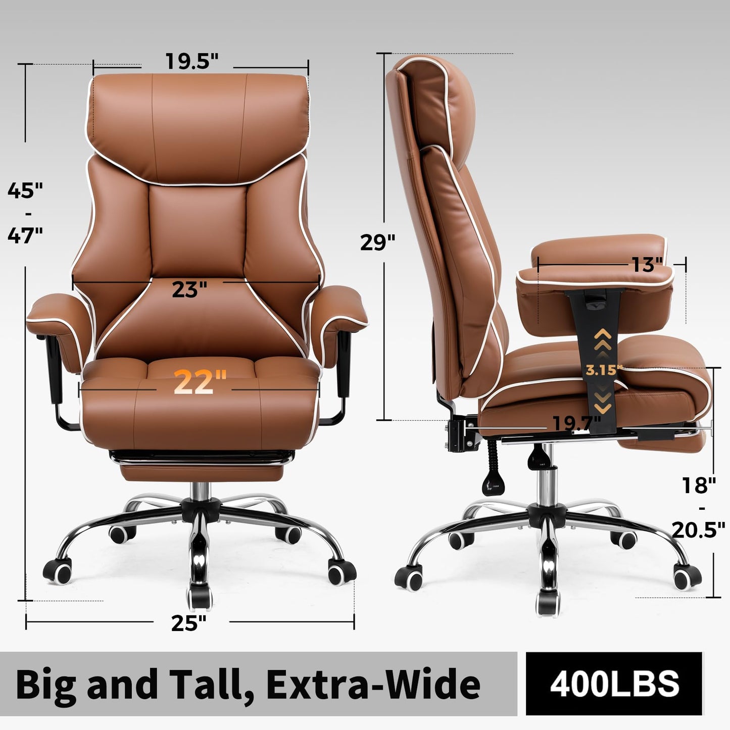 GTPLAYER Big and Tall Gaming Chair 400lbs Heavy Duty Office Chair with Foot Rest & Ergonomic Pocket Spring Cushion, High Back Lumbar Support for Lower Back Pain Relief, Coffee Brown