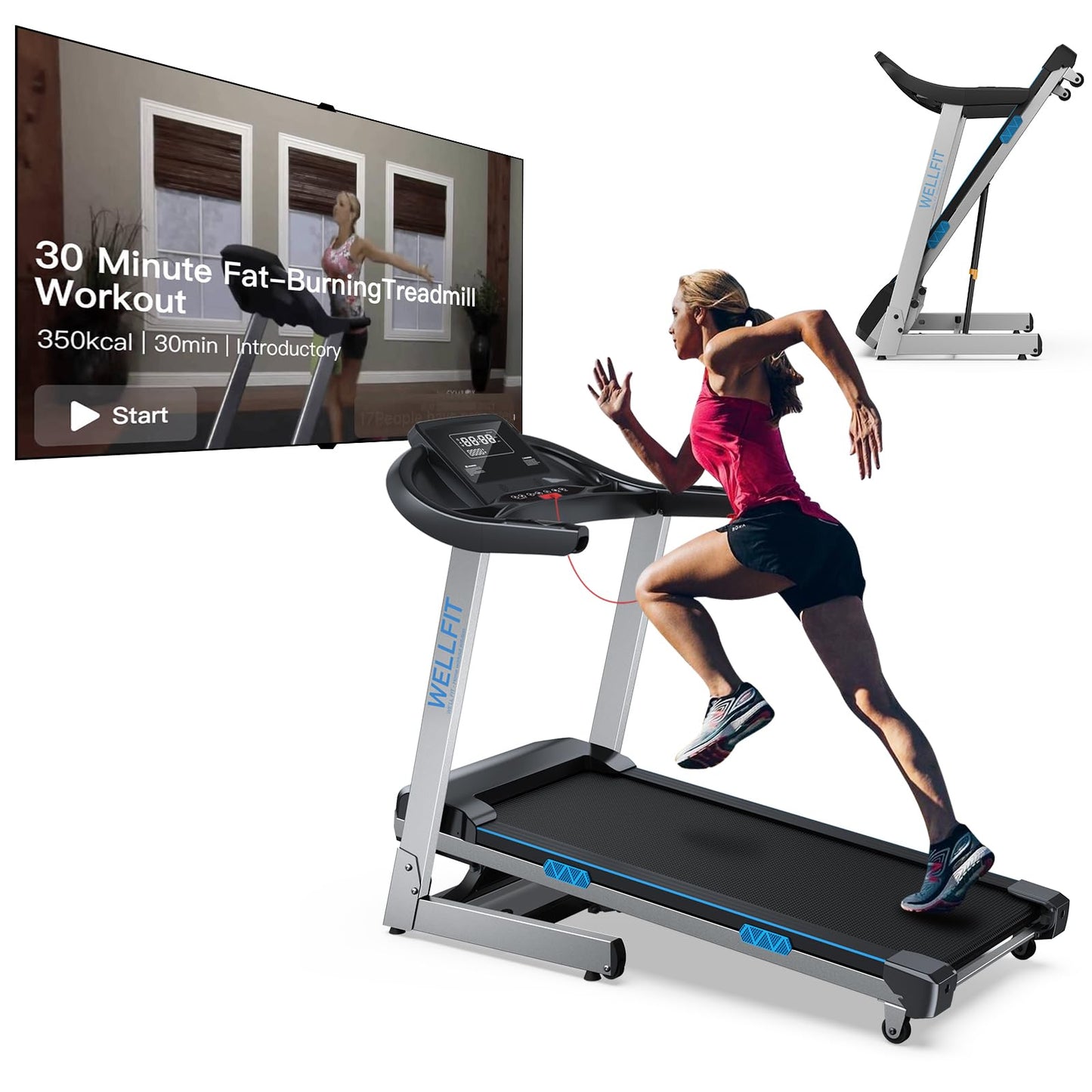 WELLFIT Home Treadmills 400+LBS Capacity, 4.0HP Heavy Duty Treadmill 15% Auto Incline Climb Running, Foldable Treadmill with Handrail, Wide Belt 18*43 in, 95% Pre-installed, Small Commercial Treadmill