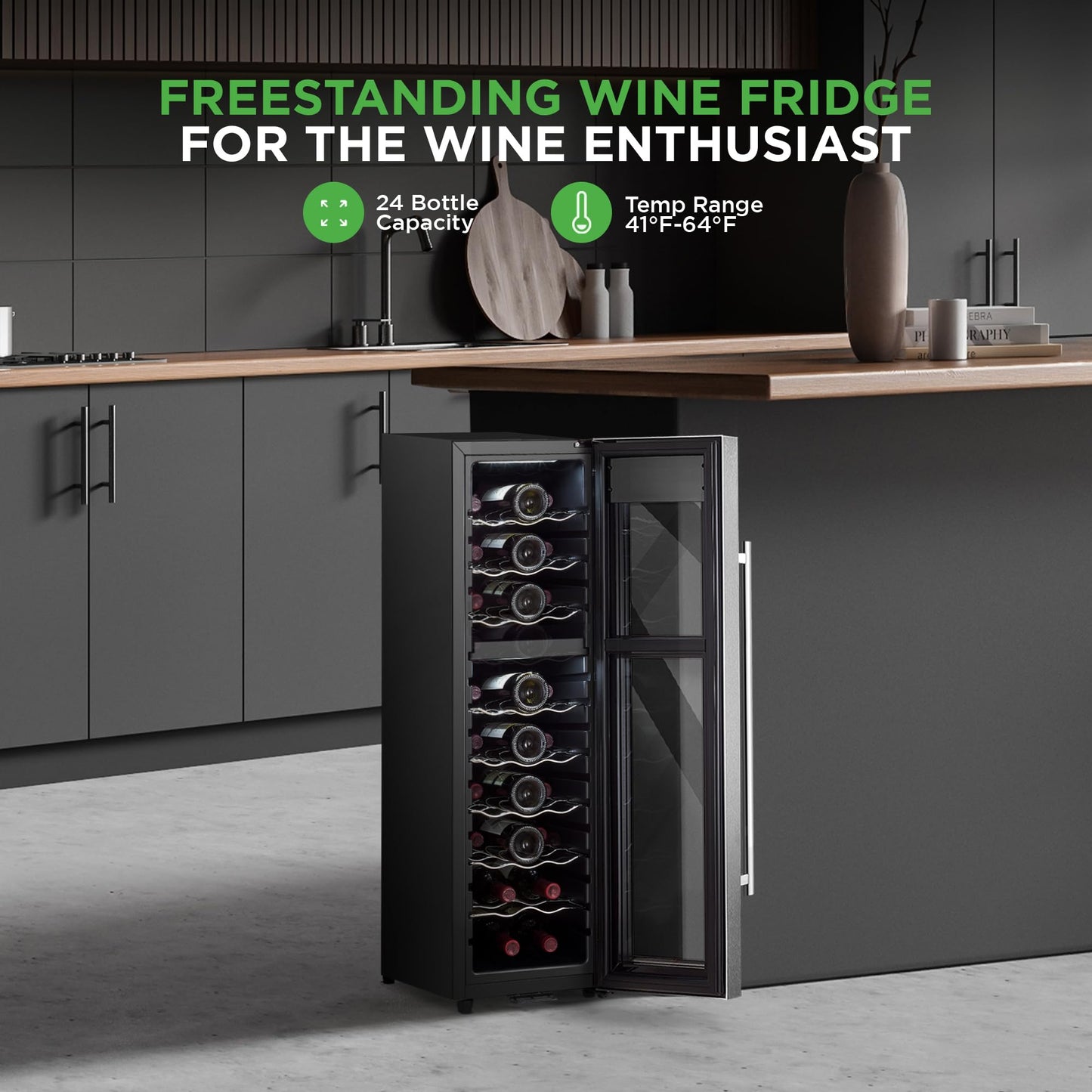 NutriChef 24 Bottle Wine Fridge | Dual Zone Wine Chiller | Adjustable Temperature 41°F to 64°F | Ultra Quiet Operation | Wine Cooler For Home, & Office | Free Standing 39x11x23 IN (Black)