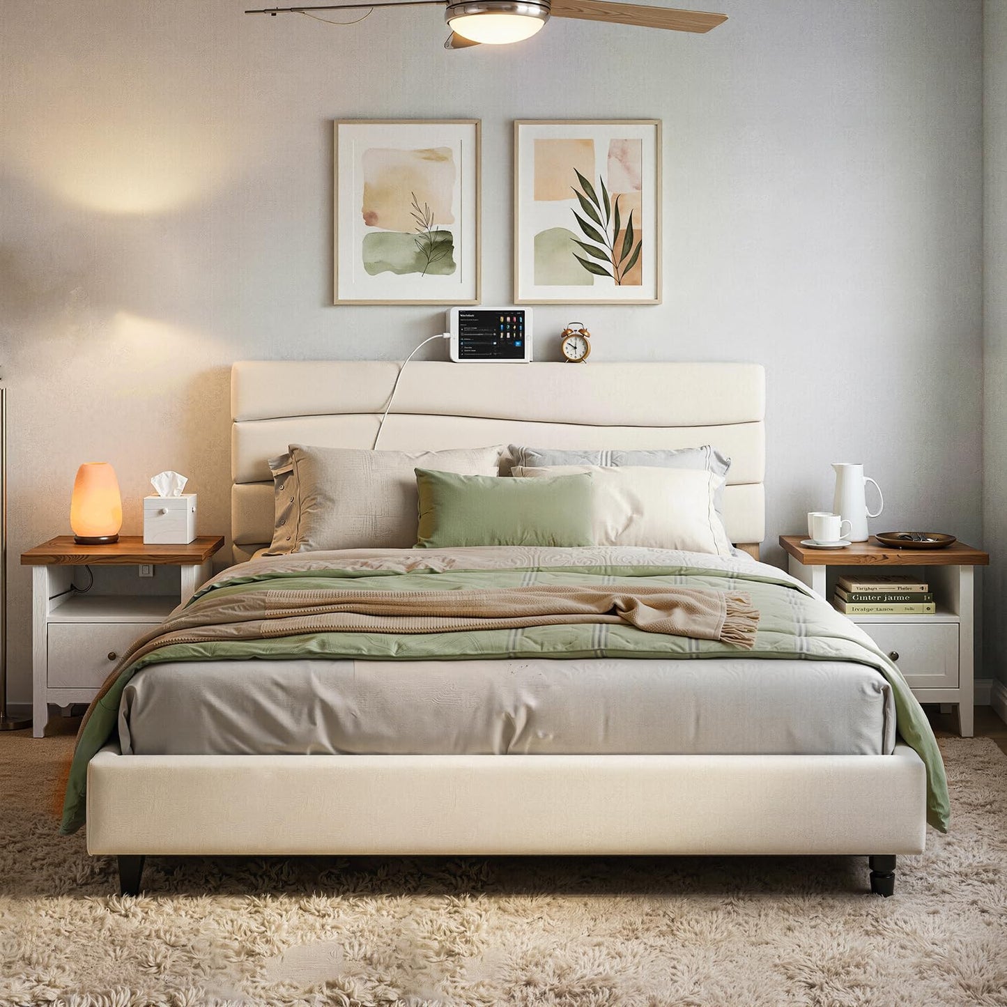 EnHomee King Size Platform Bed Frame with Headboard, Adjustable Height, Wooden Slats,Charging Stations,Noise-Free, No Box Spring Needed,Easy Assembly,Beige